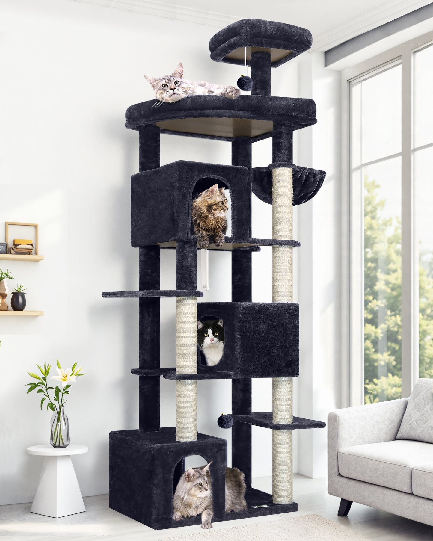 Globlazer Large Cat Tree Tower for Indoor Cats, Sturdy Heavy Duty Cat Condo with 3 Spacious Cat Houses, Oversized Top Perch and 6 Full Sisal Posts, Modern Cat Furniture for Large Cats, S80, Dark Grey