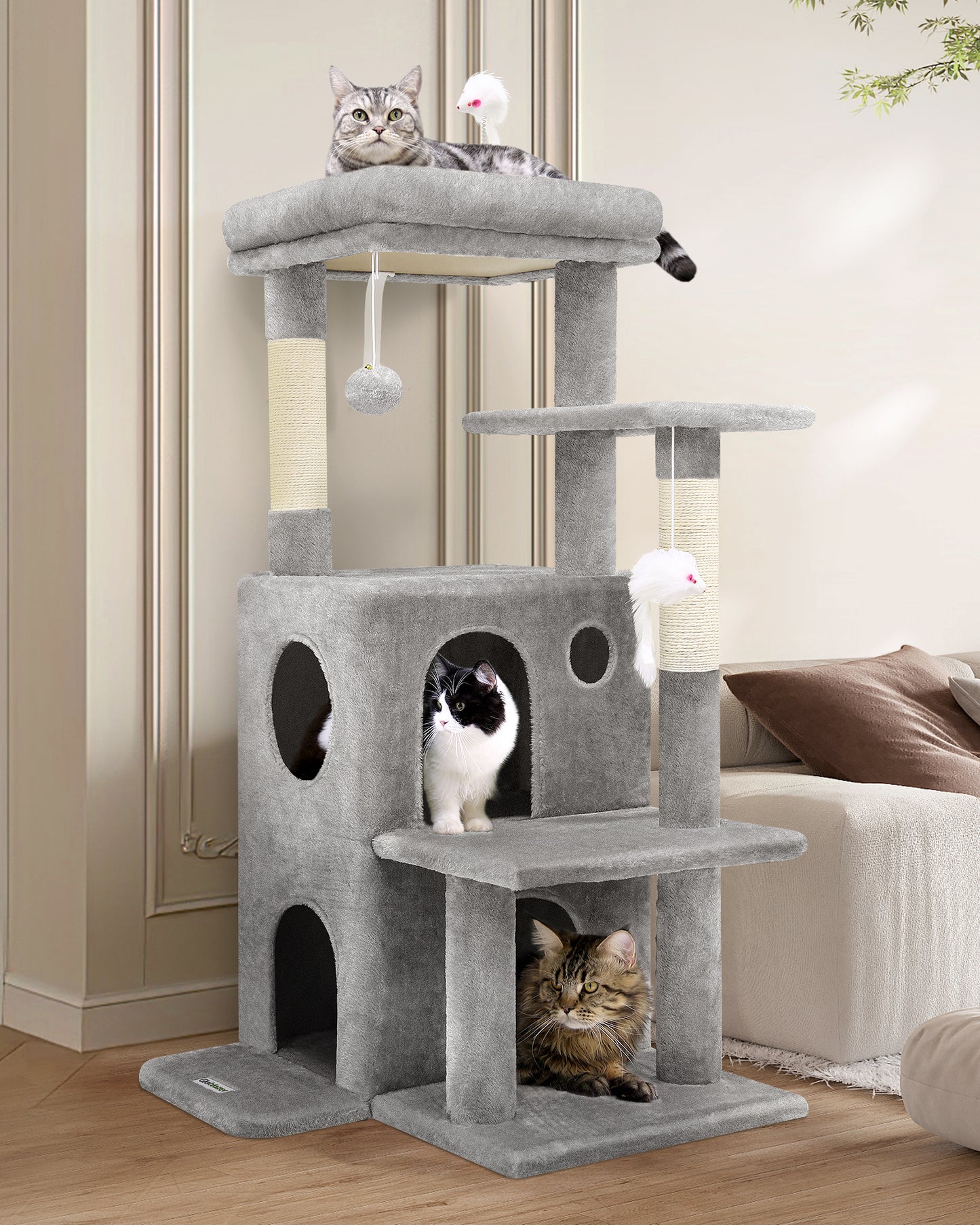 Globlazer Cat Tree Tower for Indoor Cats, 50-inch Adult Cat Tree House for Large Adult Cats with Step, 2 Scratching Posts, 2 Cat Caves, Dangling Toys, FC50, Light Grey