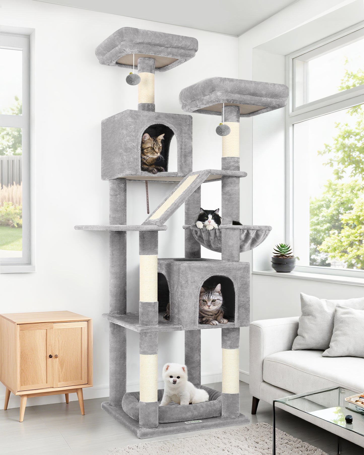 Globlazer 74in Heavy Duty Cat Tree for Large Indoor Cats, Multi-Level Cat Tower with 5 Sisal Scratching Posts, 2 Cozy Condos, Hammock, Top Perches, Climbing Ramp and Pet Bed, F74D, Light Grey