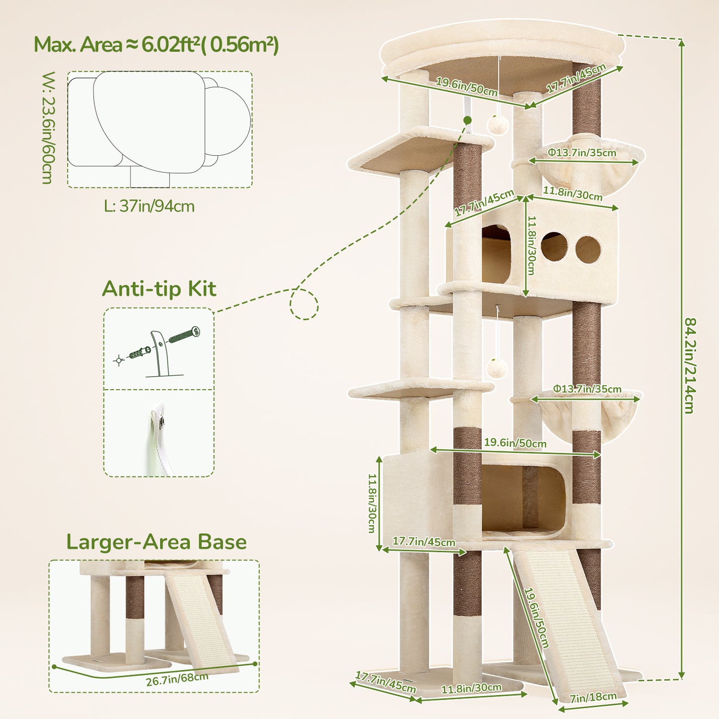 Globlazer Extra Tall Large Cat Tree, 84in Multi-Level Cat Climbing Tower for Indoor Cats Large Adult, Widened Condo with Scratch Board, 7 Scratching Posts, Padded Perch, Metal Basket, S84E, Beige
