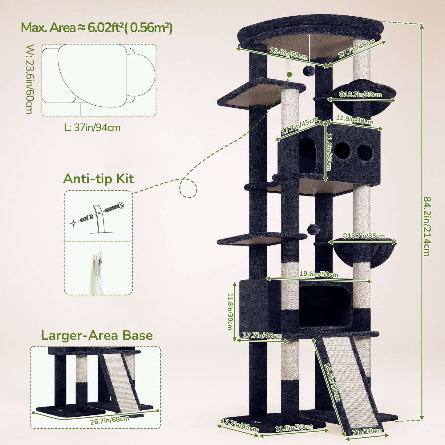Globlazer Extra Tall Large Cat Tree, 84in Multi-Level Cat Climbing Tower for Indoor Cats Large Adult, Widened Condo with Scratch Board, 7 Scratching Posts, Padded Perch, Metal Basket, S84E, Dark Grey
