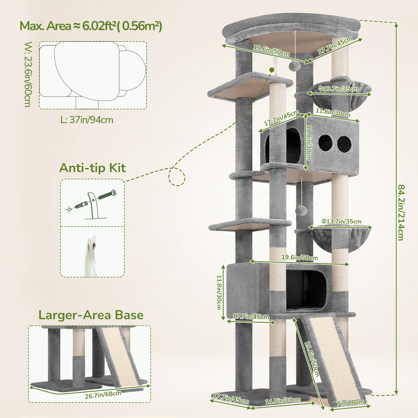 Globlazer Extra Tall Large Cat Tree, 84in Multi-Level Cat Climbing Tower for Indoor Cat Large Adult, Widened Condo with Scratch Board, 7 Scratching Posts, Padded Perch, Metal Basket, S84E, Light Grey