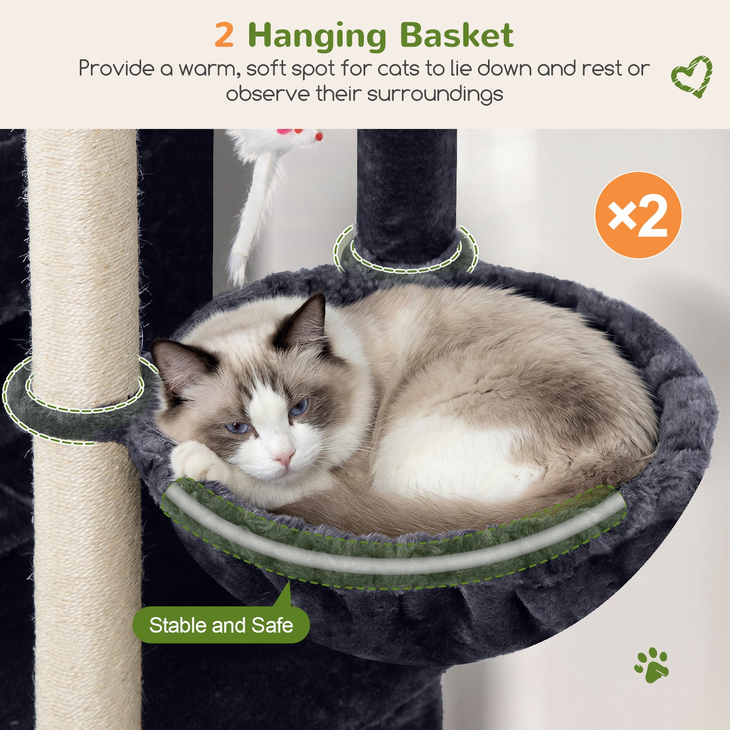 Globlazer Cat Tree Tower for Indoor Cats, 63 inch Sturdy Adult Cat Tree House for Large Adult Cats with 2 Platform, 6 Cat Scratching Post, 2 Cat Caves, Dangling Toys, S63, Dark Grey
