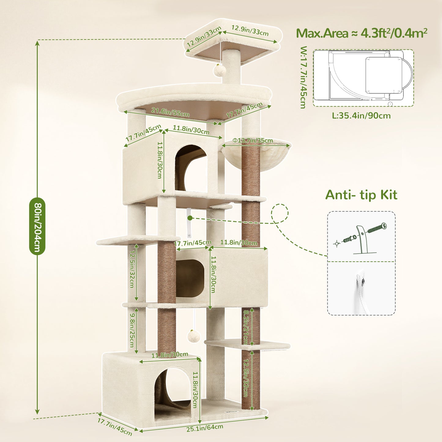 Globlazer Extra Large Cat Tree Tower for Indoor Cats Large Adult, 80in Tall Heavy Duty Cat Tree with 3 Spacious Cat Condos, Oversized Fan-Shaped Perch, 6 Full Sisal Scratching Posts, S80, Beige