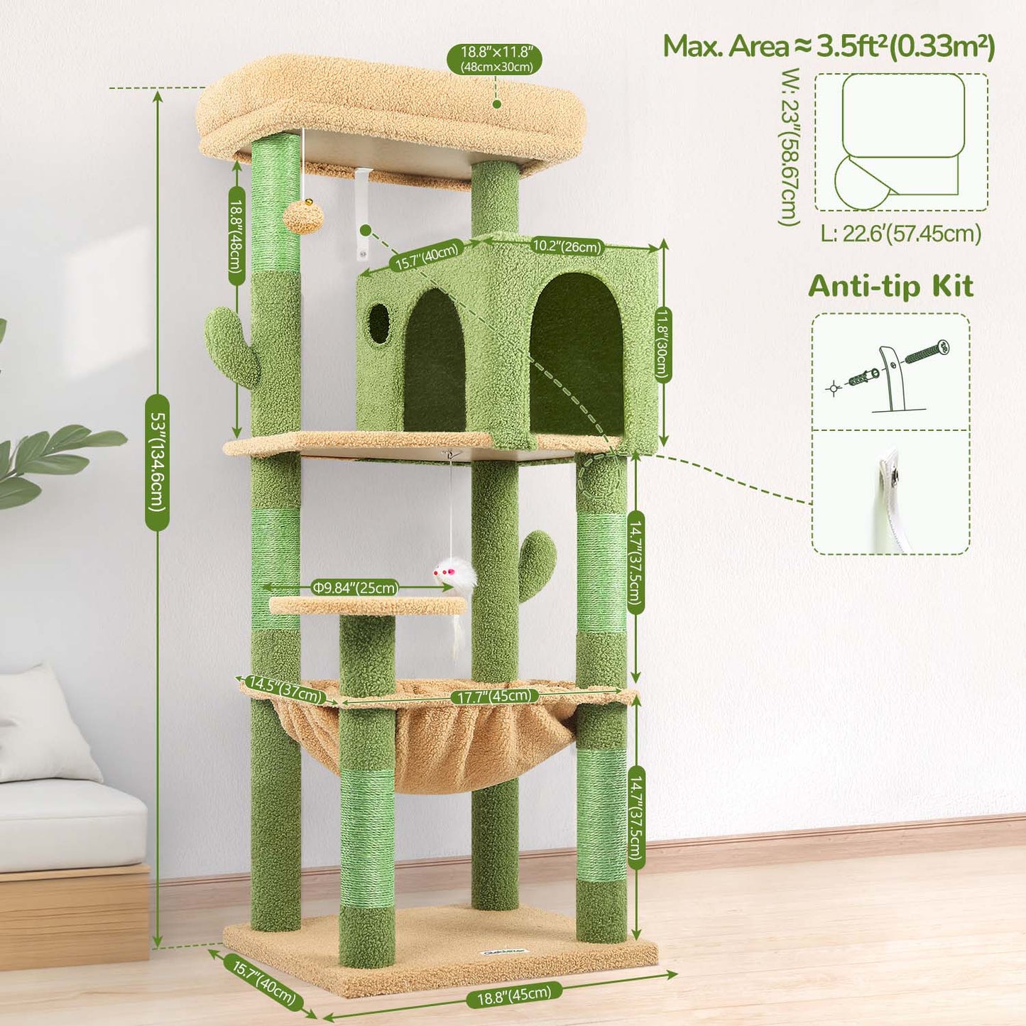 Globlazer Cactus Cat Tree Tower with 5 Scratching Post for Indoor Cats, 53inch Tall Plush Multi-Level Cat Climbing Tower Condo House with Large Hammock, Spacious Cat Cave, Padded Top Perch, F53, Green