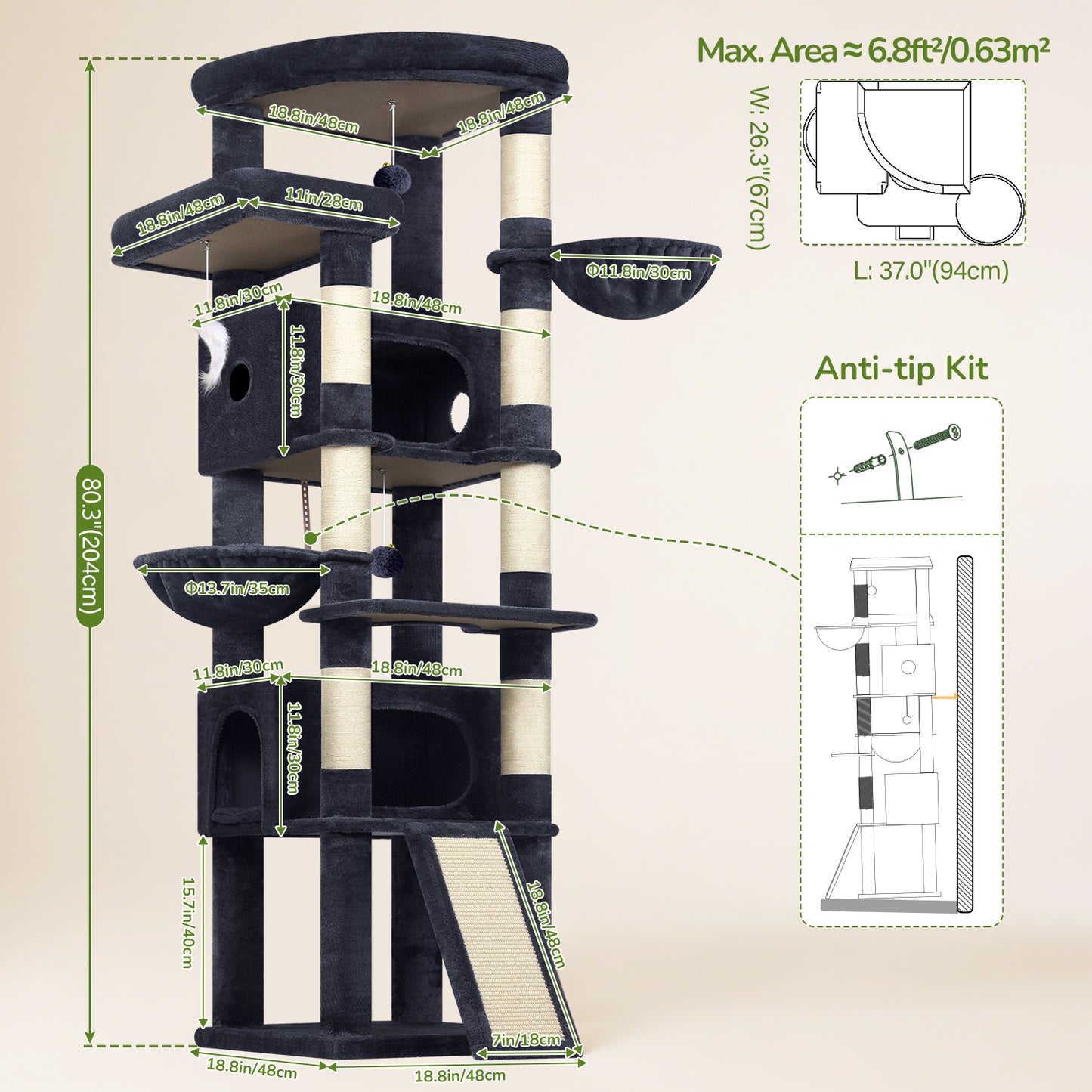 Globlazer Extra Large Heavy Duty Cat Tree, 80in Tall Sturdy Cat Tree Tower for Multiple Indoor Cats Large Adult with Scratching Posts, 2 Spacious Condos with Padding, 2 Soft Perches, S80C, Dark Grey