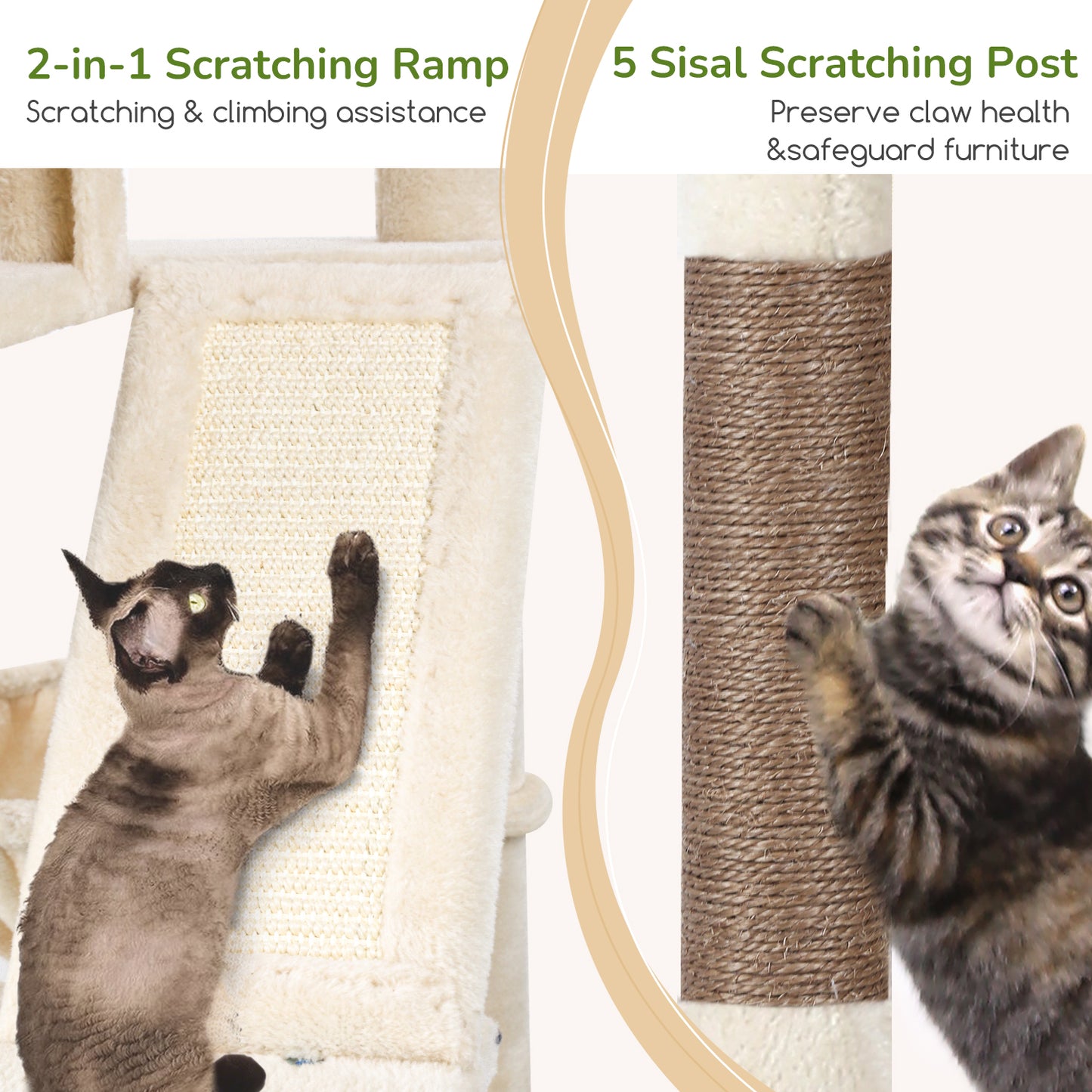 Globlazer 74in Heavy Duty Cat Tree for Large Indoor Cats, Multi-Level Cat Tower with 5 Sisal Scratching Posts, 2 Cozy Condos, Hammock, Top Perches, Climbing Ramp and Pet Bed, F74D, Beige