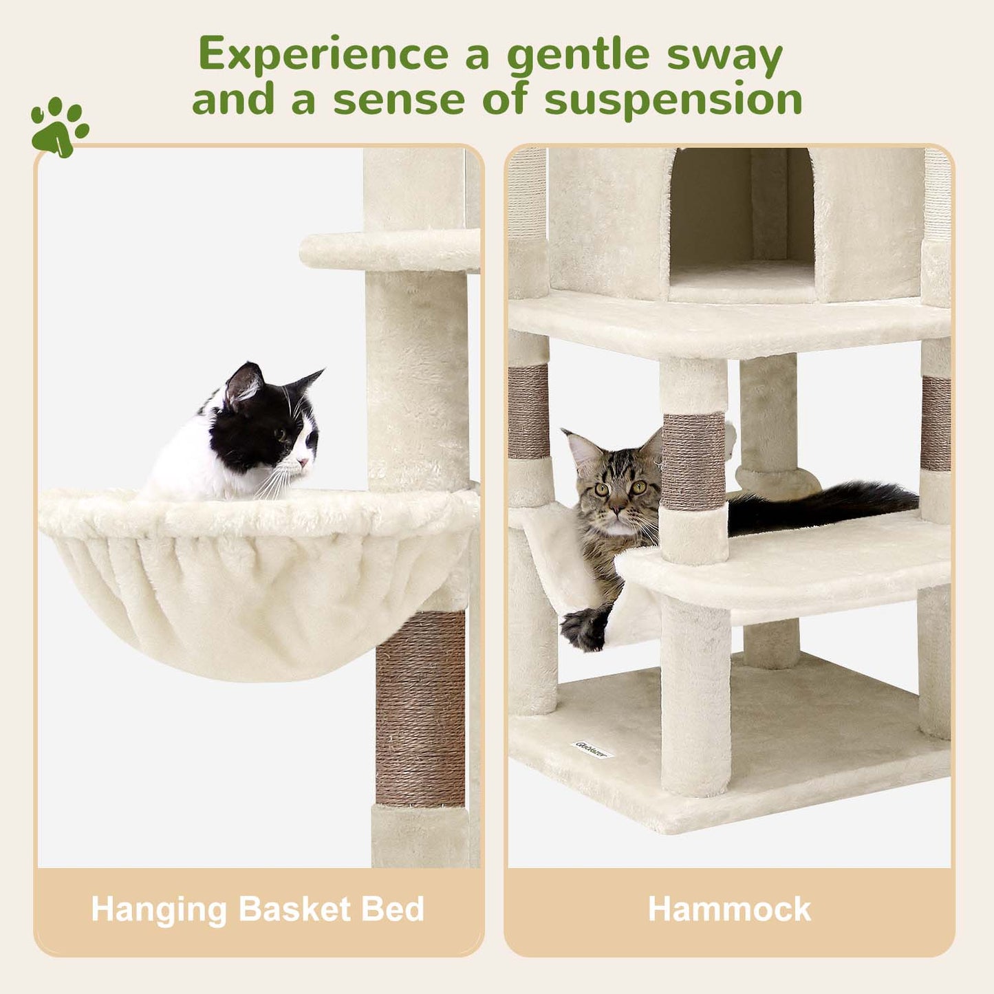 Globlazer Corner Cat Tree Tower for Large Cat, 66inch Tall Large Cat Tree Condo for Multiple Indoor Cats with 6 Scratching Posts, 2 Spacious Cat Condos, Soft Hammock, Hanging Basket, C66, Light Beige