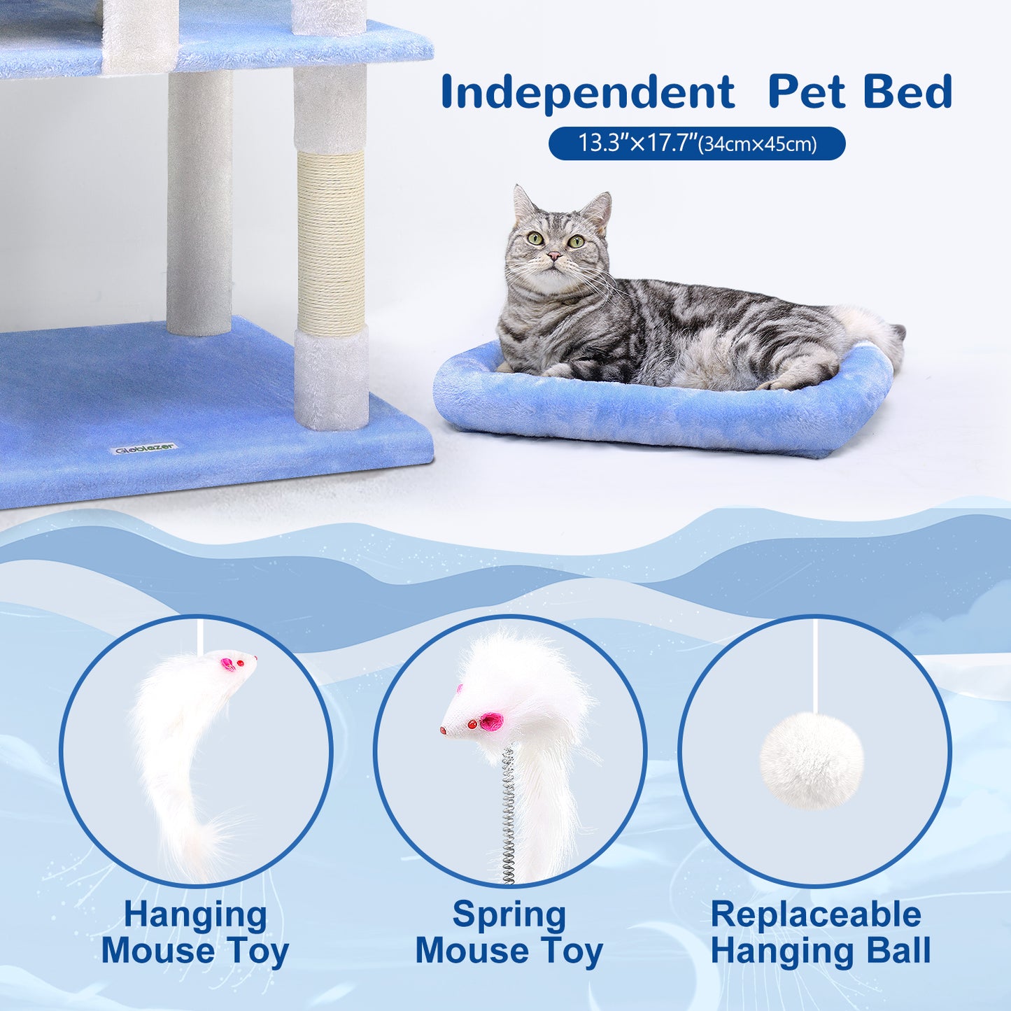 Globlazer Heavy Duty Cat Trees for Large Cats, Sturdy 72in Maine Coon Cat Tree for Large Cats 20 lbs+ Heavy Duty Cat Tower for Adult Biggest Cat with 6 Scratching Posts, Hammock, S72, Ocean Blue
