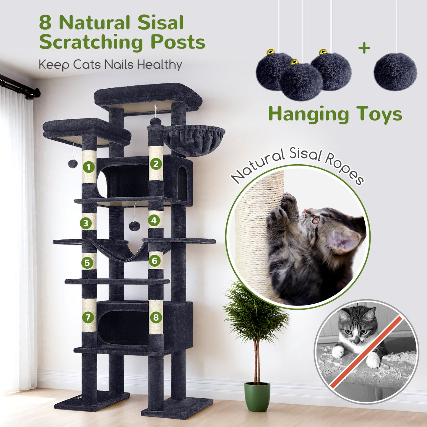 Globlazer XXL Giant Cat Tree, 83 Inch Heavy Duty Tall Cat Tower for Indoor Cats Large Adult, Multi-Level Large Cat Condo with 8 Scratching Posts, Hammock, 2 Cat Caves, 2 Platform, F83B, Dark Grey