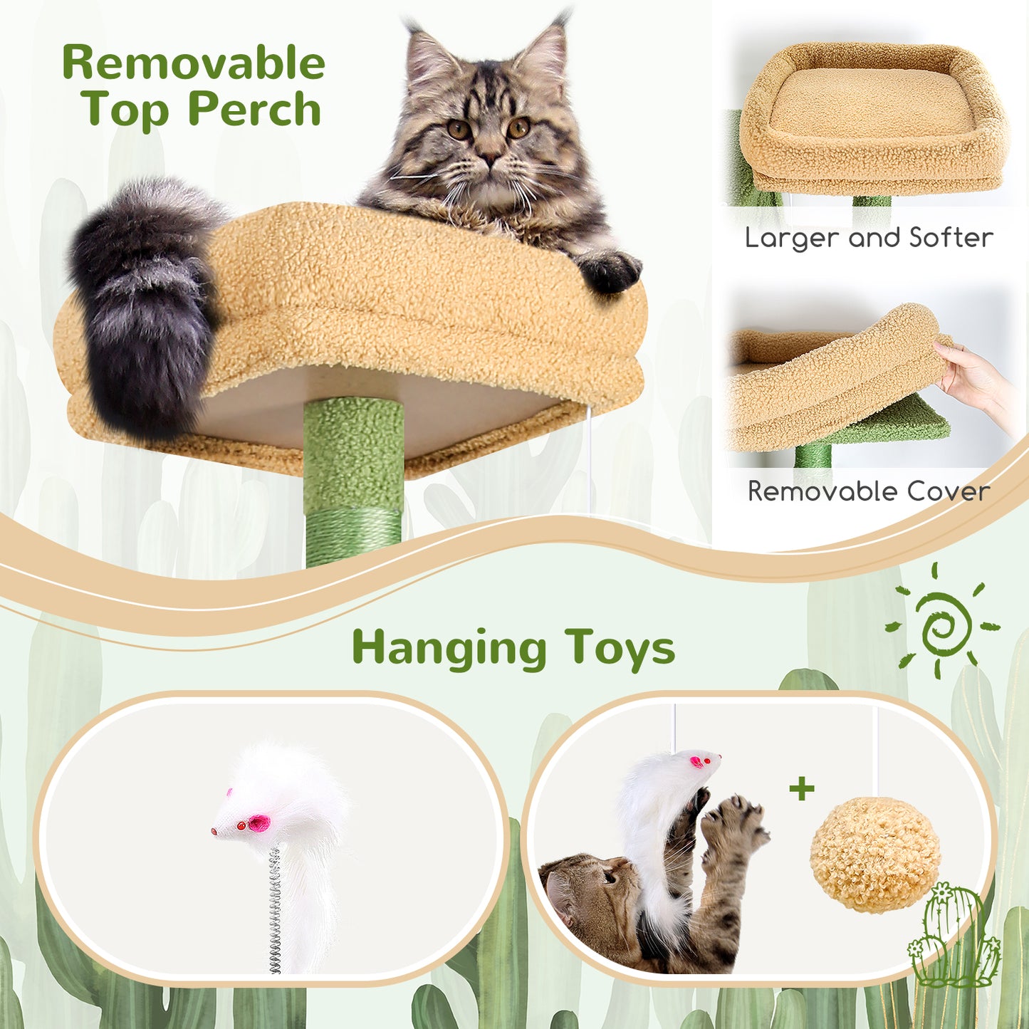 Globlazer Sturdy Cat Tree, 68-inch Large Cat Tower for Indoor Adult Cats 20 lbs Heavy Duty Cat Tree for Big Cats with Extra Large Platform, 5 Scratching Post, S68, Green