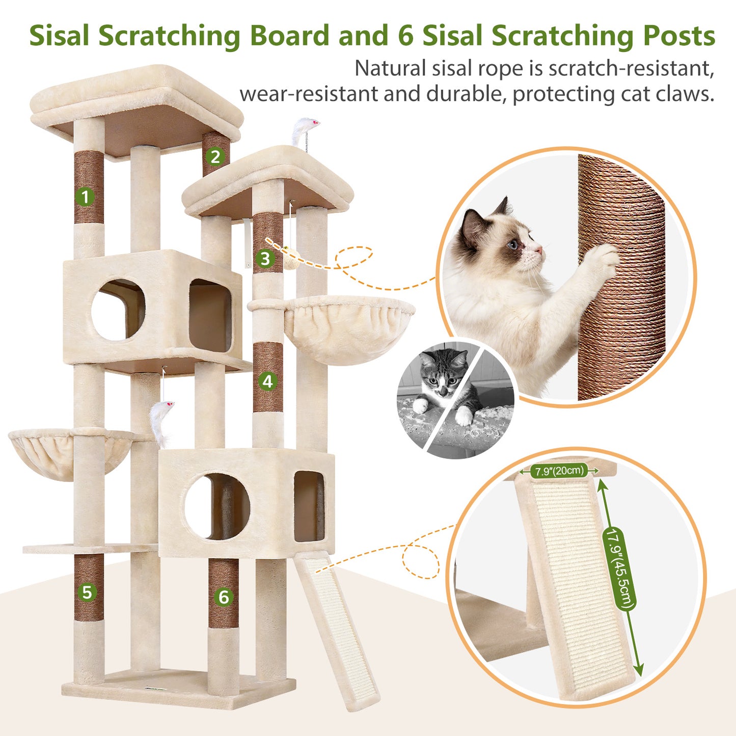 Globlazer 72" Heavy Duty Cat Tree for Large Adult Cats, Multi-Level Cat Tower with 2 Cat Condo, 2 Perchs, 6 Sisal Scratching Posts, Sisal Scratching Board, Multiple Cats, Resting Play, S72E, Beige