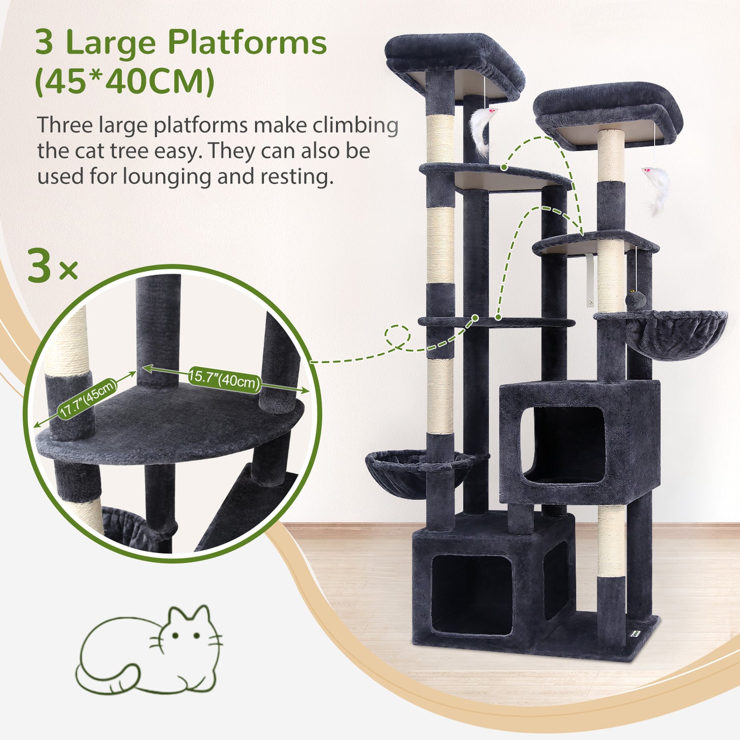 Globlazer 74In Sturdy Cat Tree for Large Cats, Heavy Duty Multi-Level Tall Cat Tree Tower for Multiple Indoor Adult Cats with Scratching Posts, 2 Cat Condos, 2 Top Perches, S74E, Dark Grey
