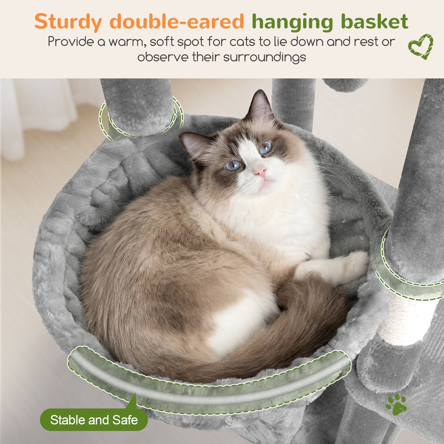 Globlazer Heavy Duty Cat Tree, 73inch Sturdy Cat Tower with Scratching Post for Indoor multiple Cats, Maine Coon Cat Tree with 3 Cat Perch, Basket, 2 Cat Condo for Adult Cats Kittens, F73C, Light Grey
