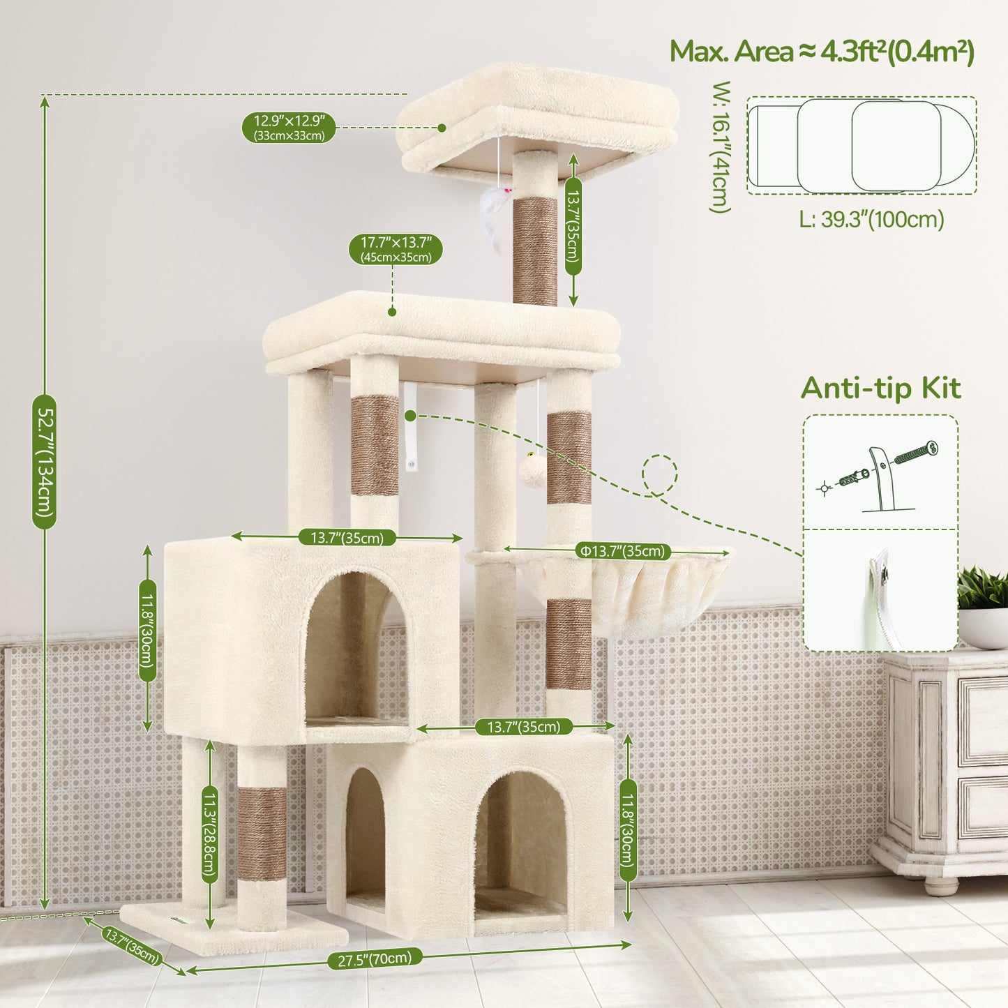 Globlazer Cat Tower for Indoor Cats, 52in Multi-Level Cat Tower with 5 Sisal Scratching Posts, Cat Tree Condo with 2 Padded Perches, 2 Cozy Condos, Big Hanging Basket, Hanging Toys, S52, Beige