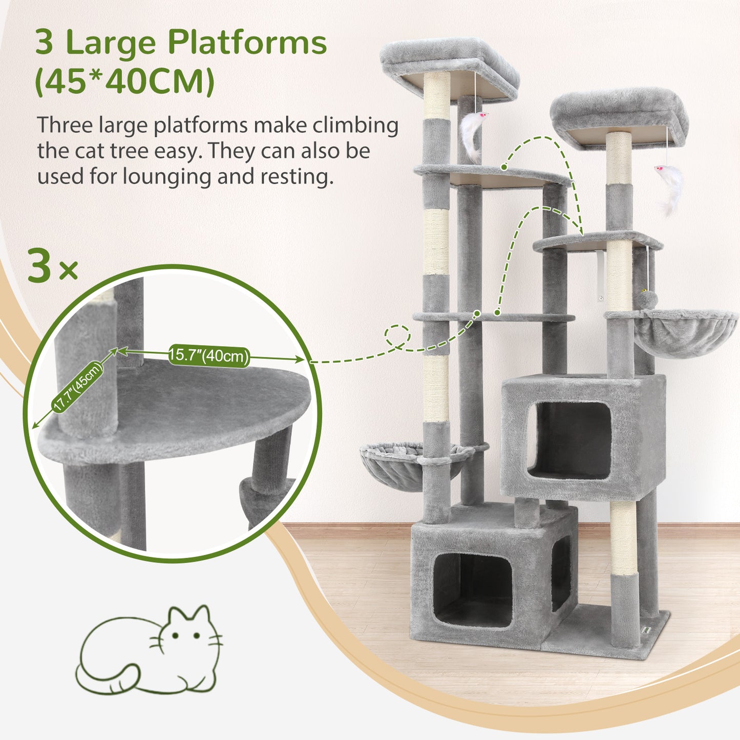 Globlazer 74In Sturdy Cat Tree for Large Cats, Heavy Duty Multi-Level Tall Cat Tree Tower for Multiple Indoor Adult Cats with Scratching Posts, 2 Cat Condos, 2 Top Perches, S74E, Light Grey