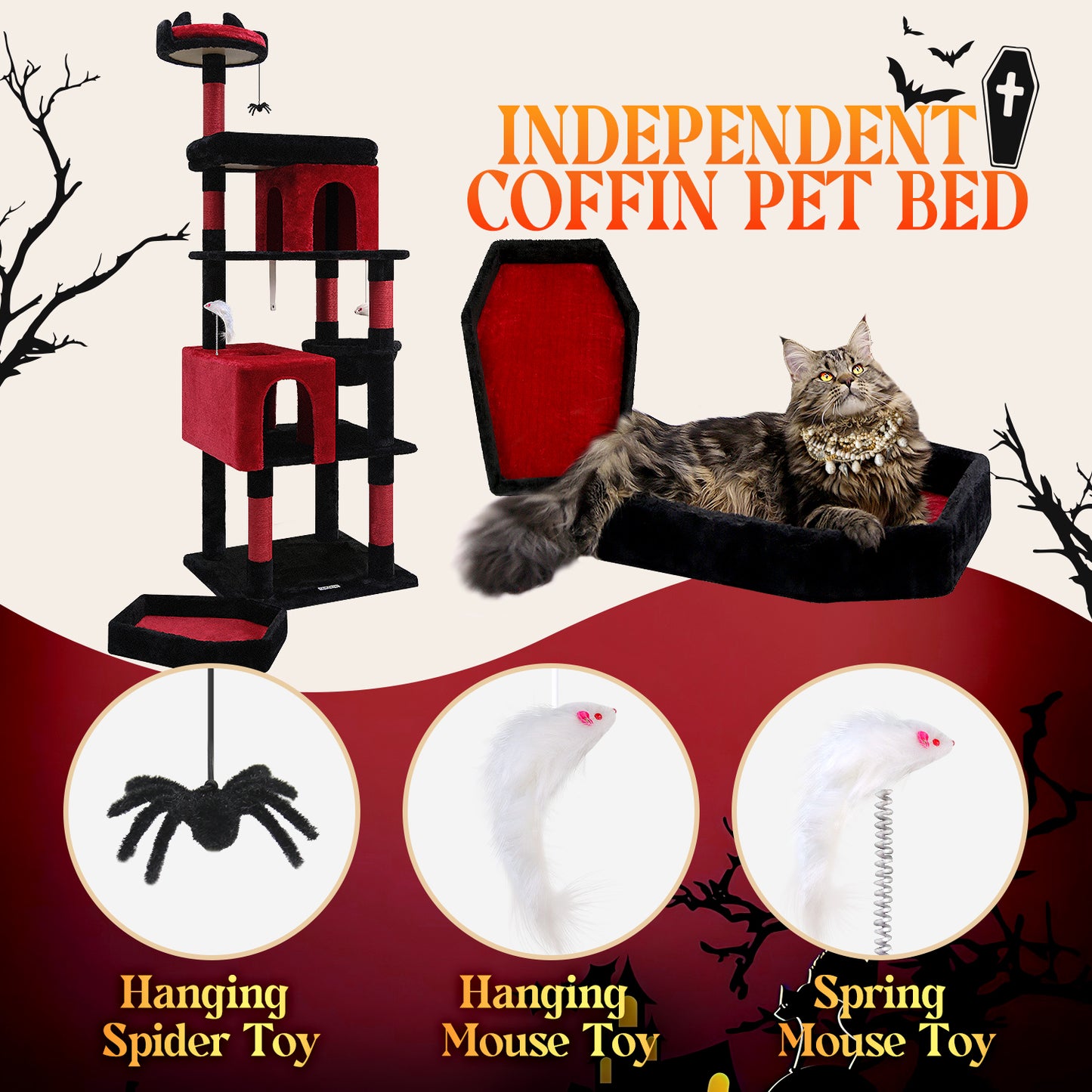 Globlazer Heavy Duty Gothic Cat Tree, 72in Large Cat Tower with Coffin Bed, Sturdy Maine Coon Cat Tree for Large Cats 20 lbs+, Medieval Castle Style with 6 Scratching Posts & Hammock, S72, Black & Red