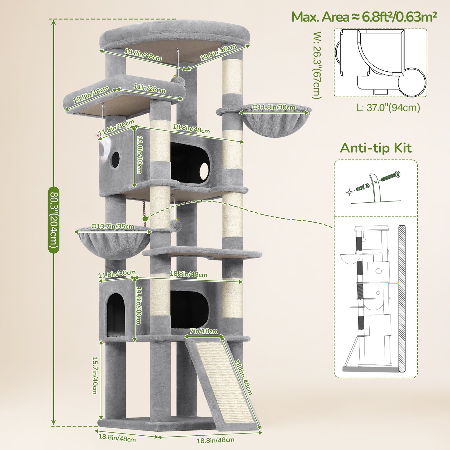 Globlazer Extra Large Heavy Duty Cat Tree, 80in Tall Sturdy Cat Tree Tower for Multiple Indoor Cats Large Adult with Scratching Posts, 2 Spacious Condos with Padding, 2 Soft Perches, S80C, Light Grey