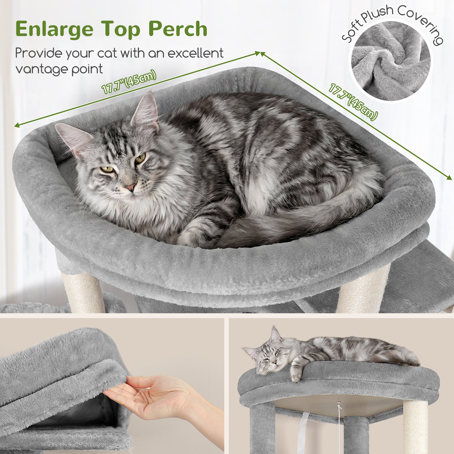 Globlazer 74in Tall Cat Tree for Indoor Cats Large Adult, Sturdy Heavy Duty Cat Tree Tower with 7 Scratching Posts for Multiple Cats, 2 Spacious Condos, 2 Hanging Baskets, S74G, Light Grey