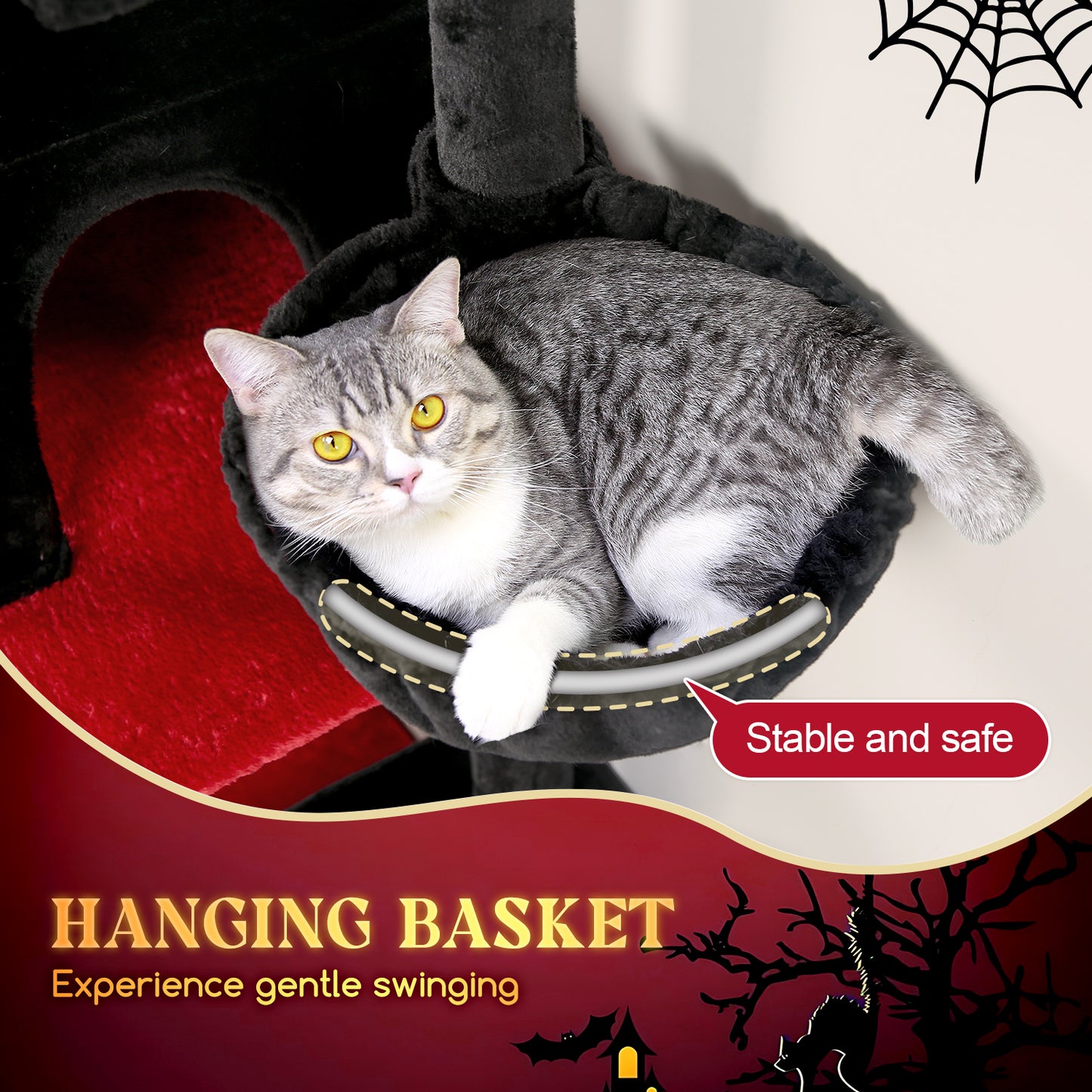 Globlazer Gothic Cat Tree, 62in Goth Cat Tower Kitty Cat Climbing Tower with Large Platform for Indoor Cats, Scratching Posts, Cozy Caves, F62, Black