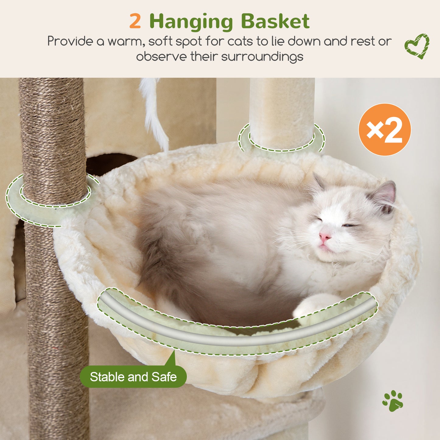 Globlazer Cat Tree Tower for Indoor Cats, 63 inch Sturdy Adult Cat Tree House for Large Adult Cats with 2 Platform, 6 Cat Scratching Post, 2 Cat Caves, Dangling Toys, S63, Beige