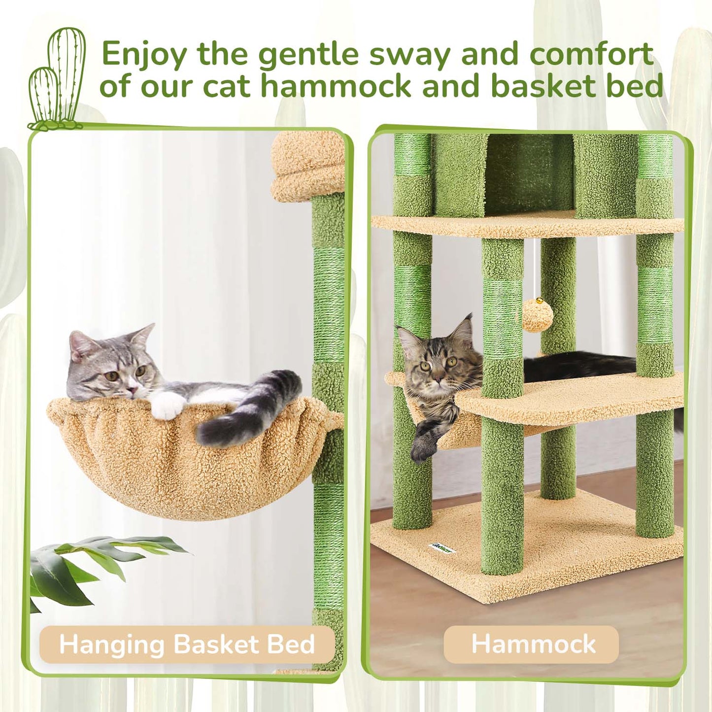 Globlazer Cactus Corner Cat Tree Tower with Scratching Post for Indoor Cats, 51in Multi-Level Cat Condo Tower with Large Hammock, Fan-Shaped Padded Perch, Spacious Cat Cave, Hanging Basket, C51, Green