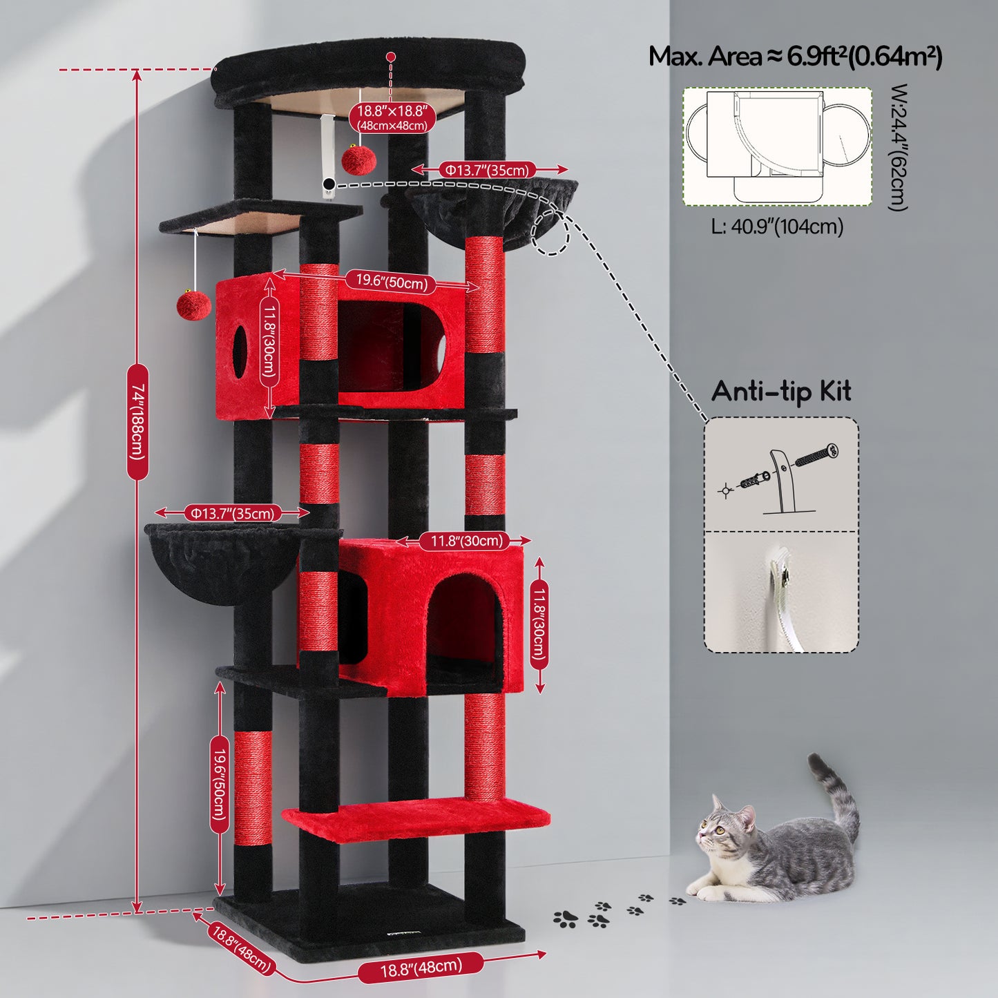 Globlazer Gothic Heavy Duty Cat Tree, 74in Sturdy Goth Cat Tower for Large Cats Adult Big Cat Tree with 7 Scratching Posts, 2 Padded Spacious Condos, 2 Hanging Baskets, Enlarged Perch, S74, Red Black