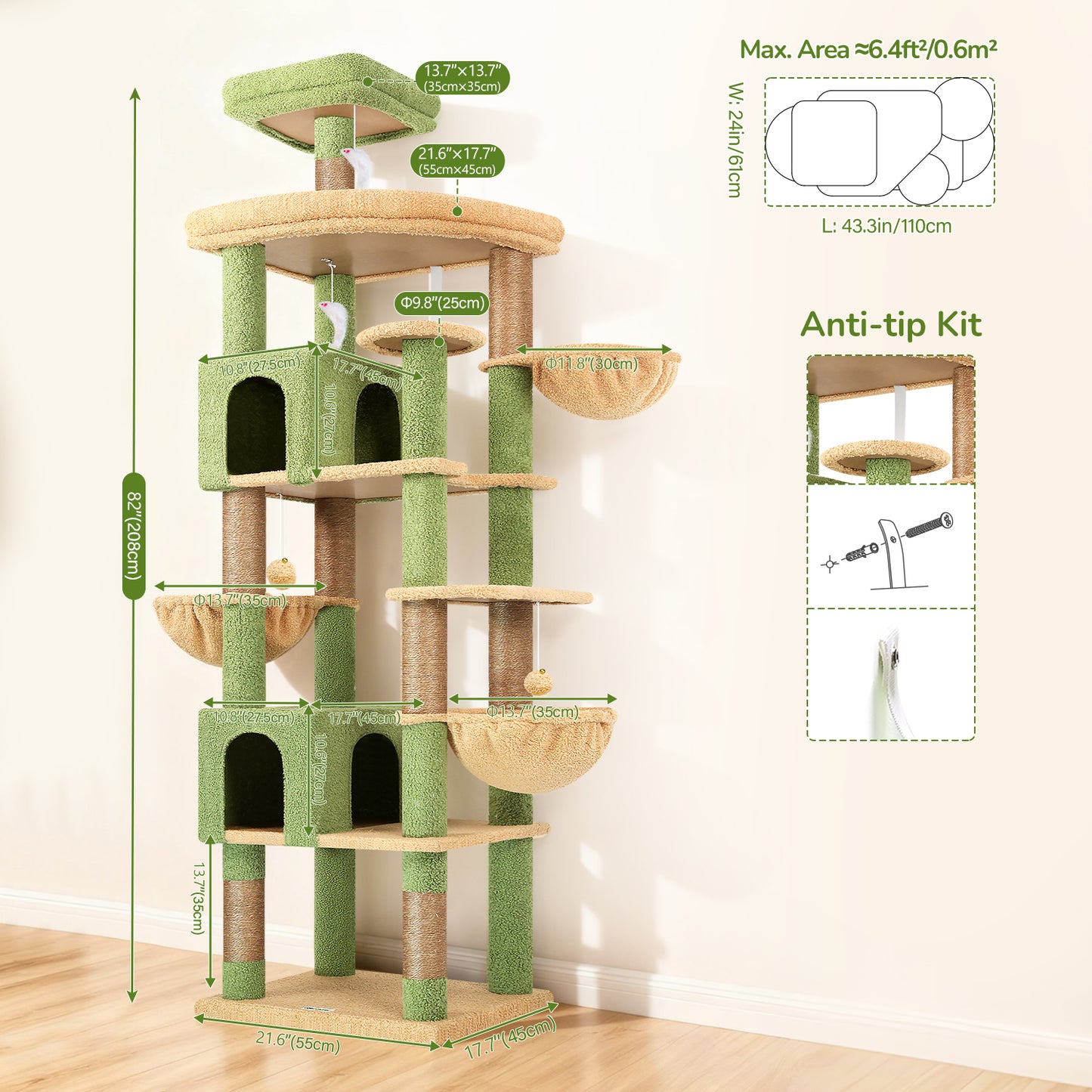 Globlazer Extra Large Cactus Cat Tree Tower, 82in Tall Heavy Duty Cat Tree for Indoor Cats Large Adult Big Cat Tower with 8 Scratching Posts, 2 Cat Condos, 2 Top Perches, 3 Hanging Baskets, S82, Green