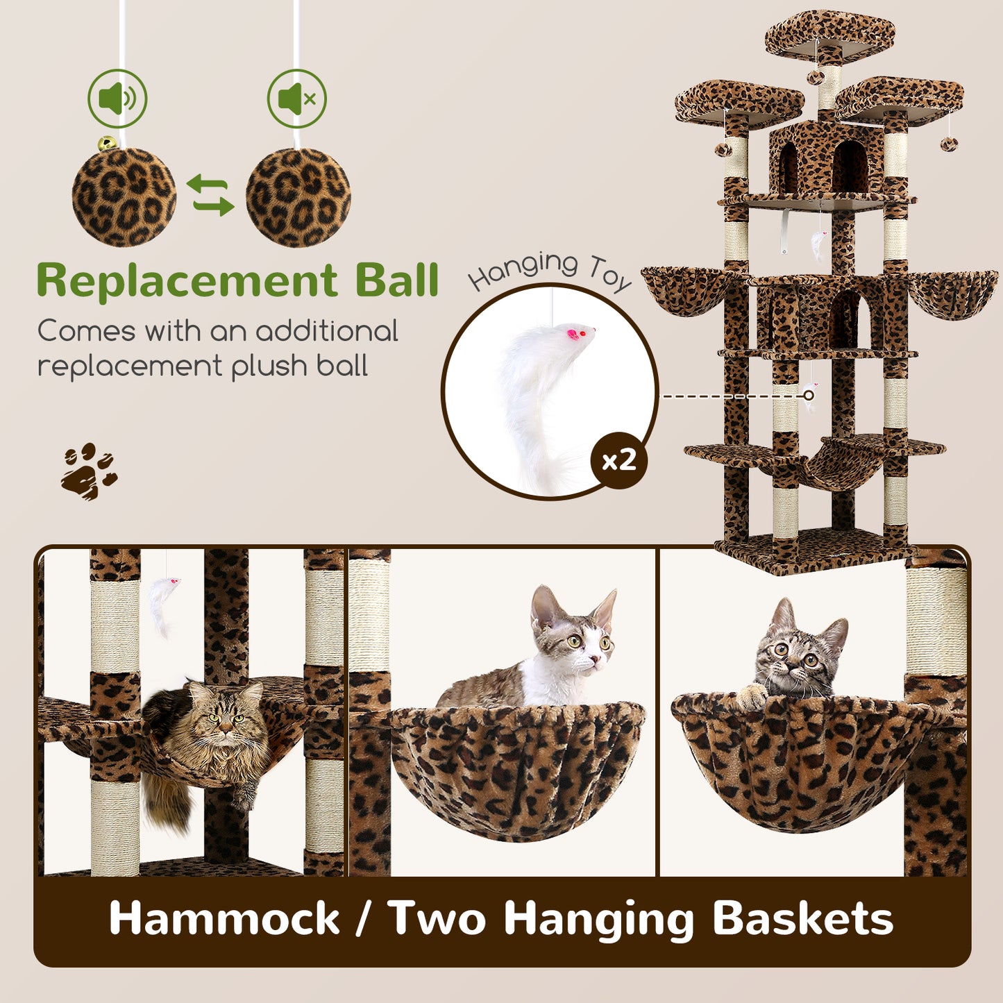 Globlazer Big Cat Tower for Indoor Cats, 80inch Cat Tower for Multiple Adult Cats XXL Cat Tree with 9 Scratching Posts, Hammock, 3 Perches, 2 Condos, 2 Hanging Basket, F80, Leopard Print