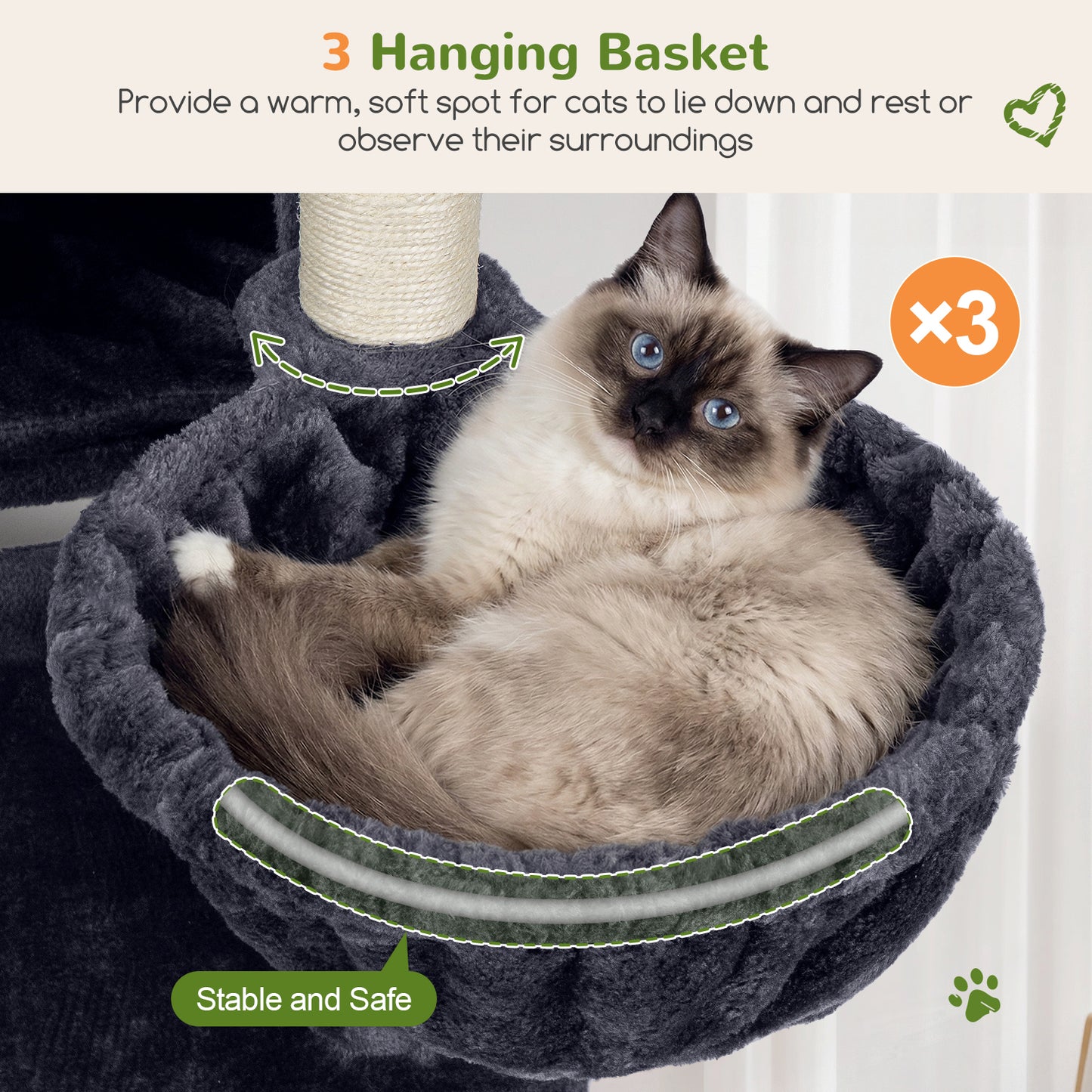 Globlazer Large Cat Tree, 72 inch Tall Cat Climbing Tower for Indoor Large Adult Cats Multi-Level Furniture Tree House with 2 Cozy Perches, 2 Padded Condos, 5 Sisal Scratching Posts, F72G, Dark Grey