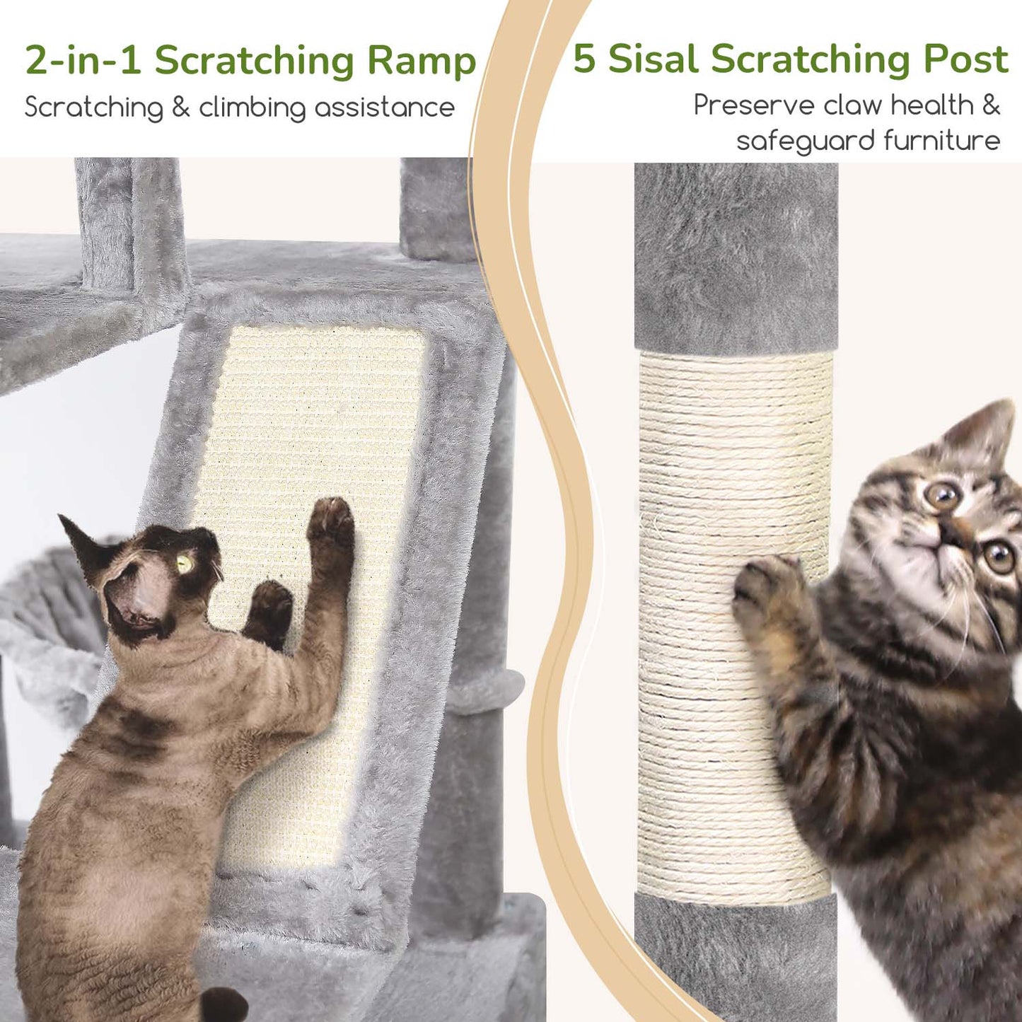 Globlazer 74in Heavy Duty Cat Tree for Large Indoor Cats, Multi-Level Cat Tower with 5 Sisal Scratching Posts, 2 Cozy Condos, Hammock, Top Perches, Climbing Ramp and Pet Bed, F74D, Light Grey