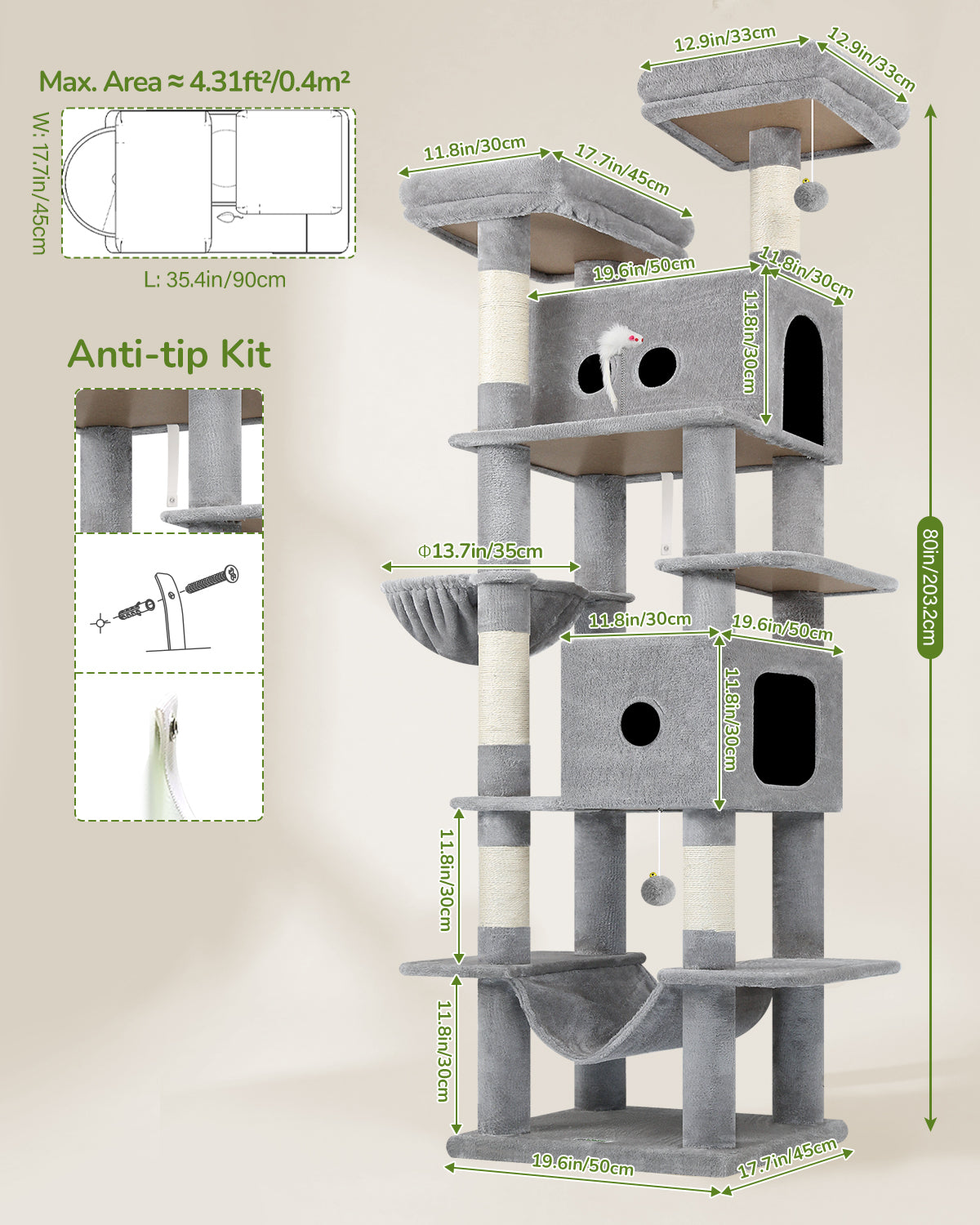 Globlazer Heavy Duty Cat Tree Tower 80in Tall Extra Large Cat Tree Tower for Multiple Indoor Cats Large Adult with  Scratching Posts, 2 Spacious Condos, Padded Perches, Soft Hammock, S80B, Light Grey