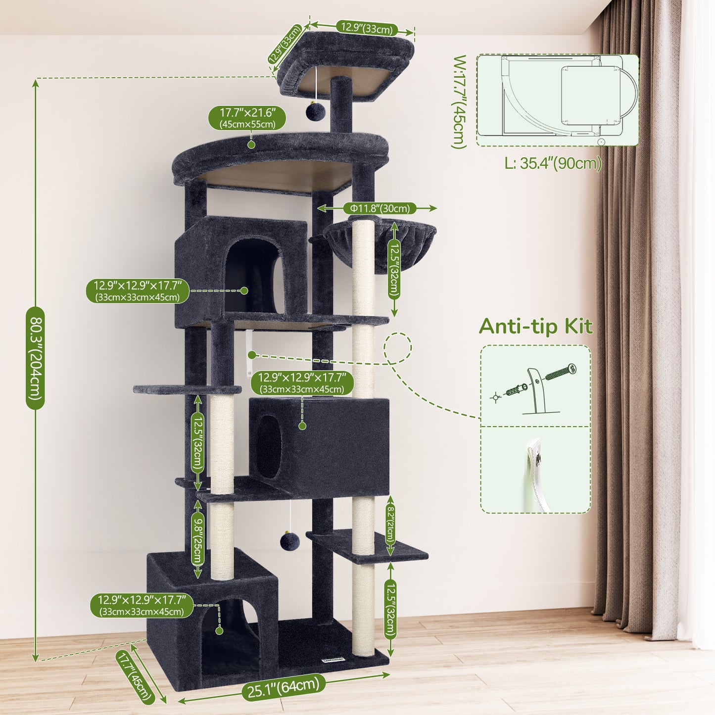 Globlazer Large Cat Tree Tower for Indoor Cats, Sturdy Heavy Duty Cat Condo with 3 Spacious Cat Houses, Oversized Top Perch and 6 Full Sisal Posts, Modern Cat Furniture for Large Cats, S80, Dark Grey