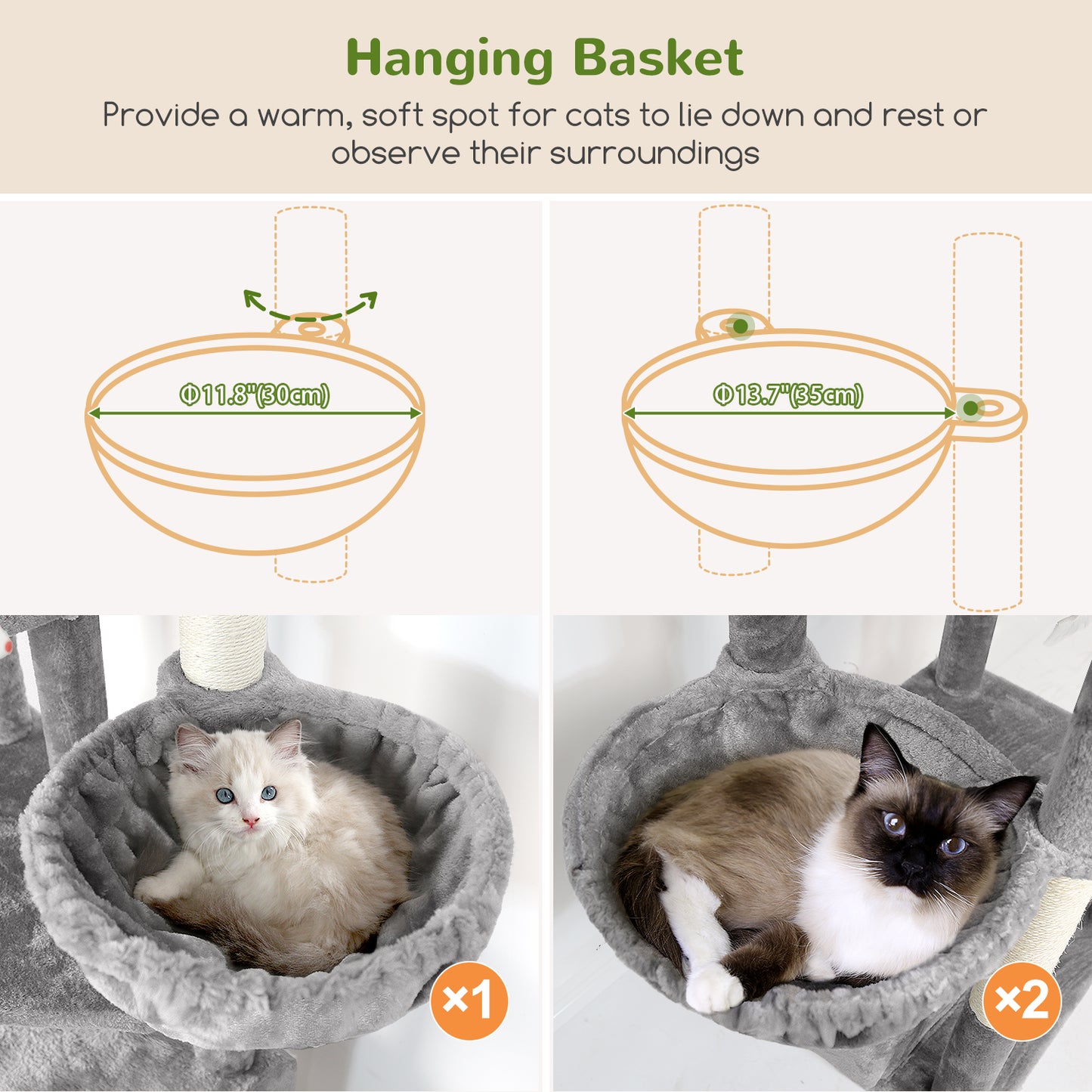 Globlazer Large Cat Tree 80 inch Multi-Level Tall Climbing Tower Kitty Condos Cat Scratching Tower for Indoor Multiple Adult Cats with Large Platform, 3 Cat Caves, 3 Hanging Baskets, F80F, Light Grey