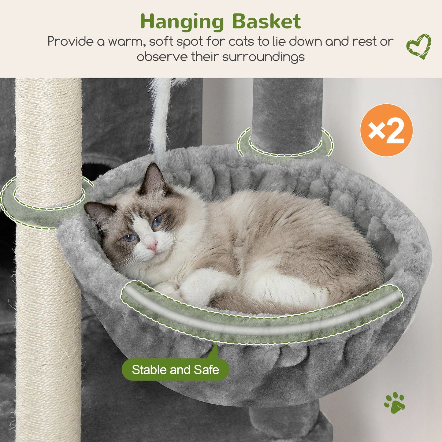 Globlazer Cat Tree Tower for Indoor Cats, 63 inch Sturdy Adult Cat Tree House for Large Adult Cats with 2 Platform, 6 Cat Scratching Post, 2 Cat Caves, Dangling Toys, S63, Light Grey
