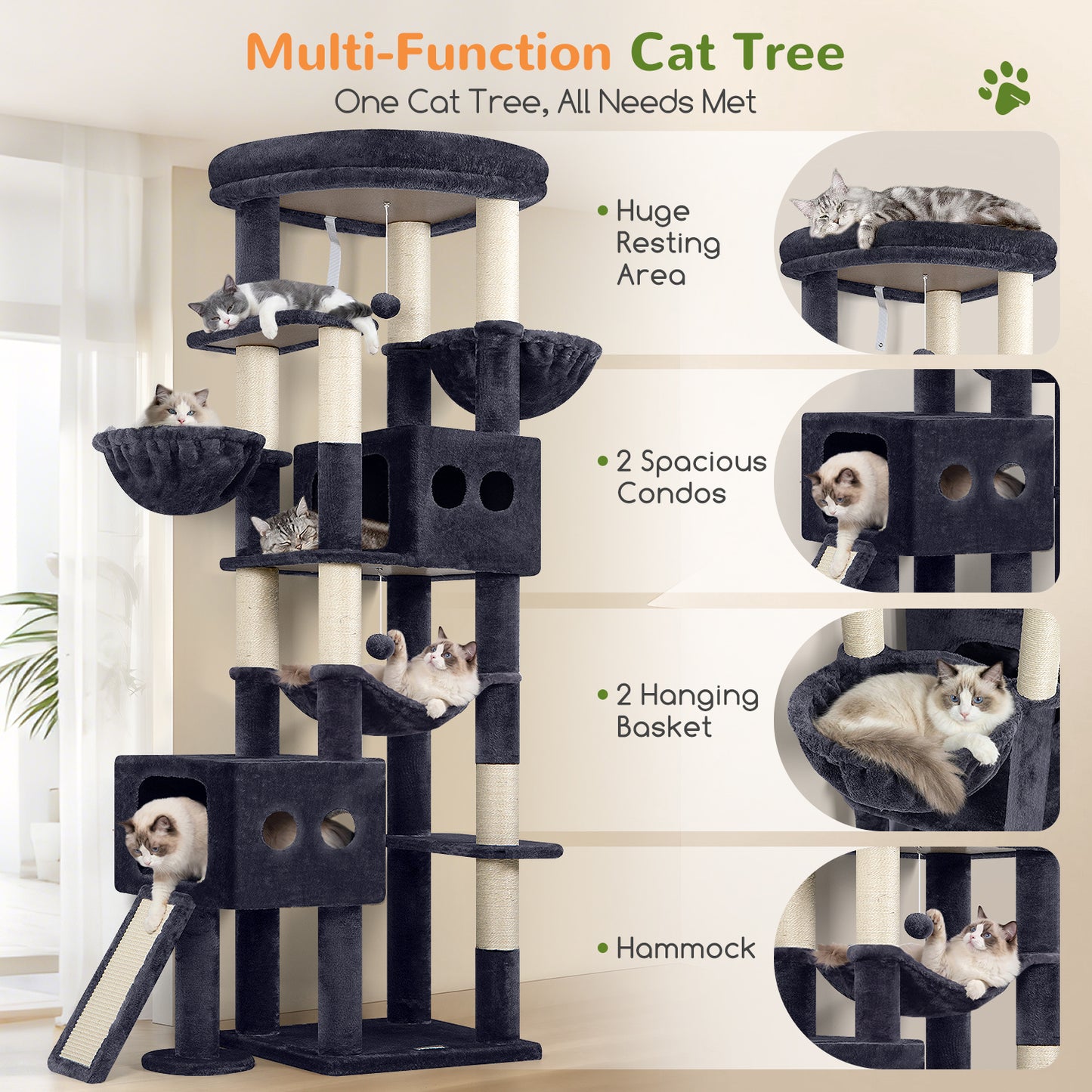 Globlazer Cat Tower for Large Cats, 81 inch Cat Tree for Indoor Cats Large Adult, Tall Cat Tower with 2 Condos, 2 Baskets, Hammock, Large Perch, 8 Sisal Posts, Scratching Board, S81G, Dark Grey