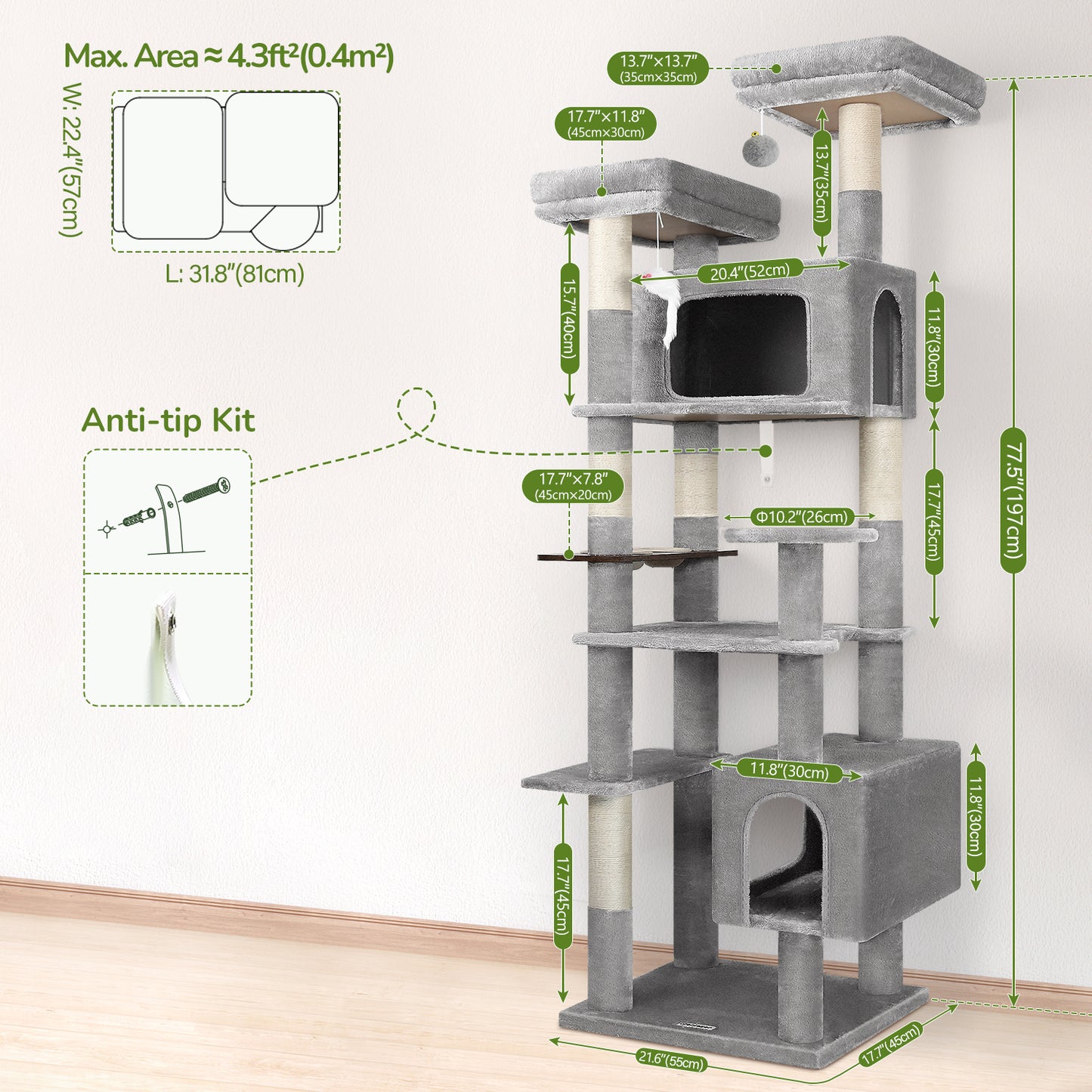 Globlazer Large Cat Tree Tower for Multiple Indoor Cats with Food Station, 77in Extra Tall Sturdy Cat Tree Tower for Large Cat with 6 Scratching Posts, 2 Cozy Condos, 2 Plush Perches, F77B, Light Grey