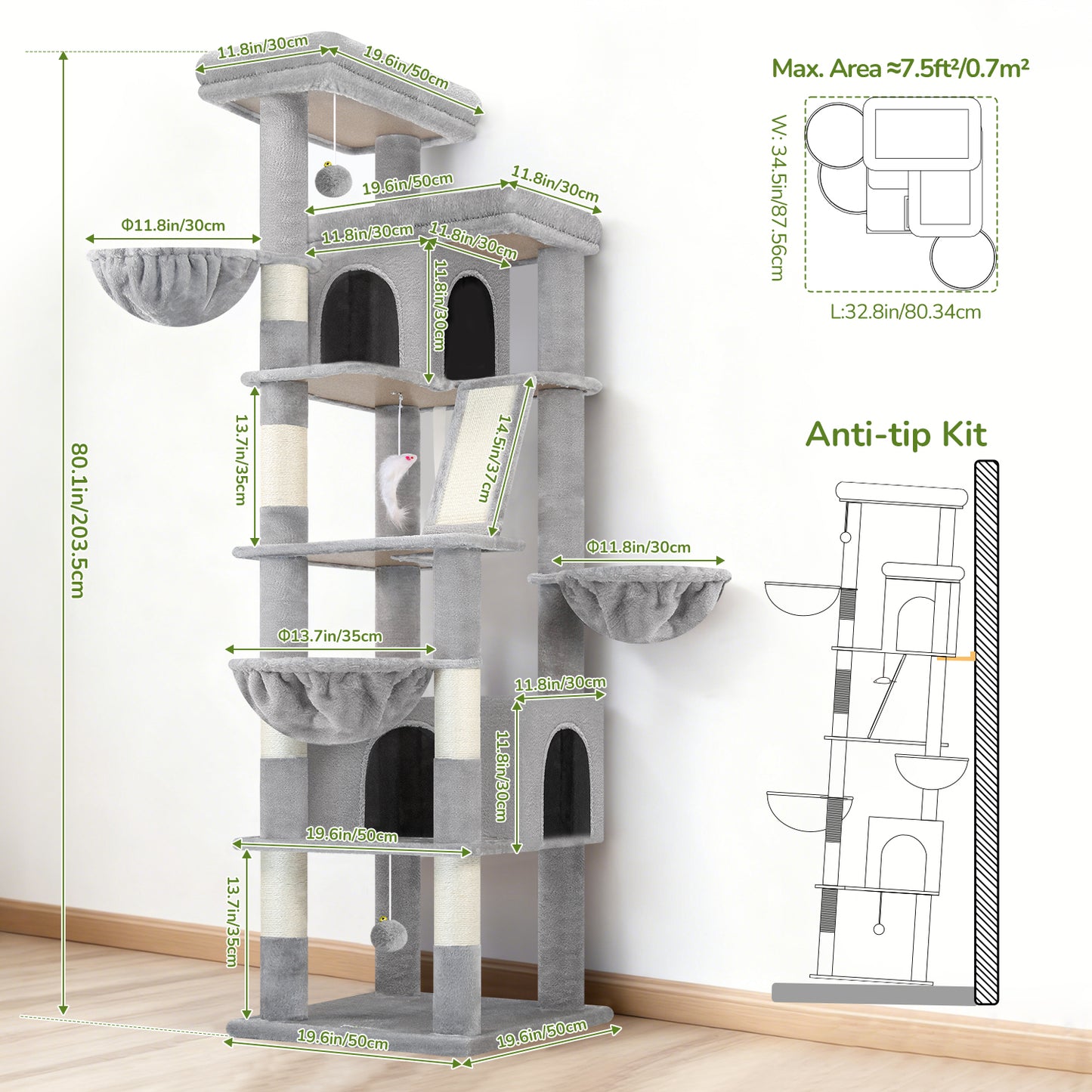 Globlazer Large Cat Tree Tower, 80inch XXL Tall Cat Tree for Multiple Indoor Cats Large Adult Kittens with Scratching Posts and Board, 3 Soft Baskets, 2 Plush Perches, 2 Cozy Condos, S80G, Light Grey