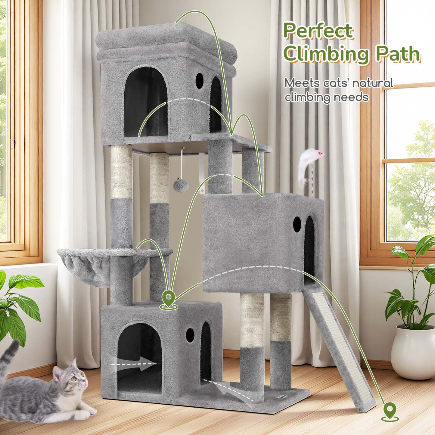 Globlazer Cat Tower for Indoor Cats, 52in Multi-Level Heavy Duty Cat Tower with 4 Scratching Posts, Ladder, Sturdy Cat Tree with 3 Cat Condos for Adult Cats Kittens, Hanging Basket, F52B, Light Grey