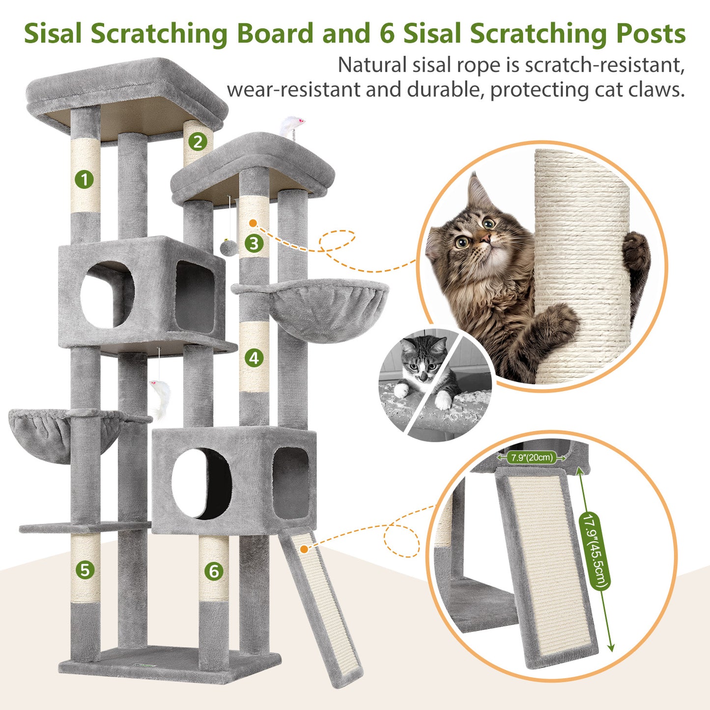 Globlazer 72" Heavy Duty Cat Tree for Large Adult Cats, Multi-Level Cat Tower with 2 Cat Condo, 2 Perchs, 6 Scratching Posts, Sisal Scratching Board, Multiple Cats, Resting Play, S72E, Light Grey