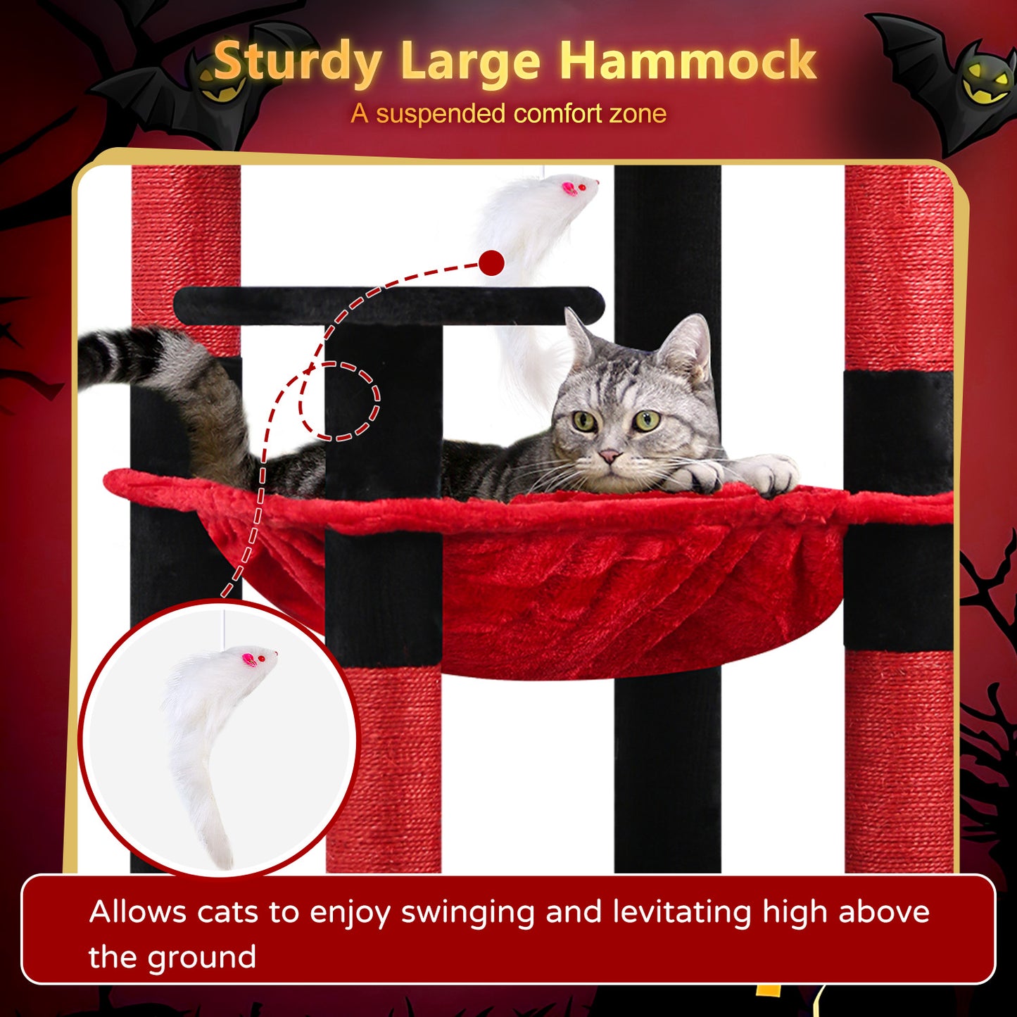 Globlazer Gothic Cat Tree Tower with 5 Scratching Post for Indoor Cats, 53in Plush Multi-Level Cat Climbing Tower Condo House with Large Hammock, Spacious Cat Cave, Padded Top Perch, F53, Black Red