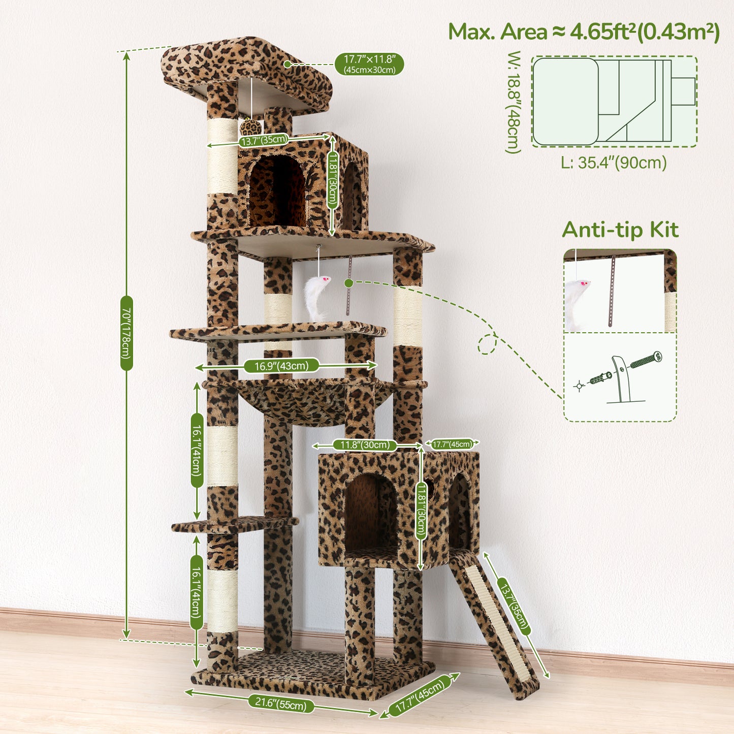 Globlazer Heavy Duty Cat Tree Tower, 70inch Sturdy Cat Tree for Indoor Cats Sturdy Large Cat Tower with Scratching Post and Board, Hammock, 2 Cat Condo for Adult Cats Kittens, F70 Pro, Leopard Print