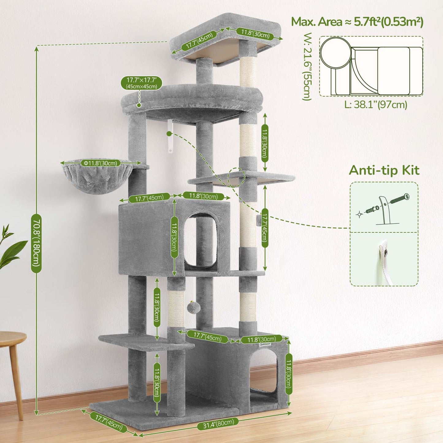 Globlazer Cat Tree Tower for Indoor Cats Large Adult, 70in Tall Cat Tree with 2 Spacious Cat Condos, 2 Top Perches and 5 Scratching Posts, Expandable Cat Tower, Use Alone or Combine, F70E, Light Gray