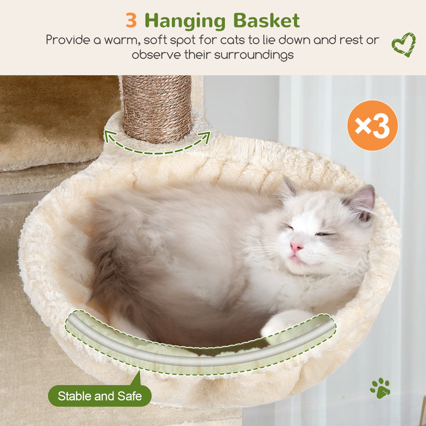 Globlazer Large Cat Tree, 72 inch Tall Cat Climbing Tower for Indoor Large Adult Cats Multi-Level Furniture Tree House with 2 Cozy Perches, 2 Padded Condos, 5 Sisal Scratching Posts, F72G, Beige