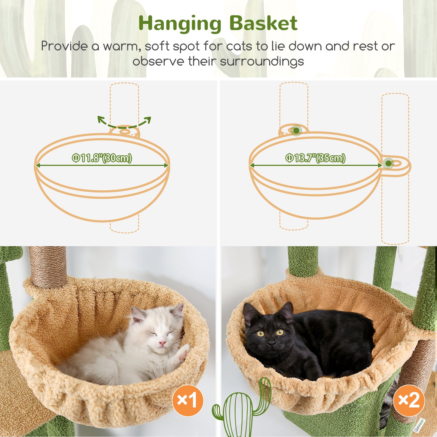 Globlazer Large Cat Tree 80 inch Multi-Level Cactus Climbing Tower Kitty Condos Cat Scratching Tower for Indoor Multiple Adult Cats with Large Platform, 3 Cat Caves, 3 Hanging Baskets, F80F, Green