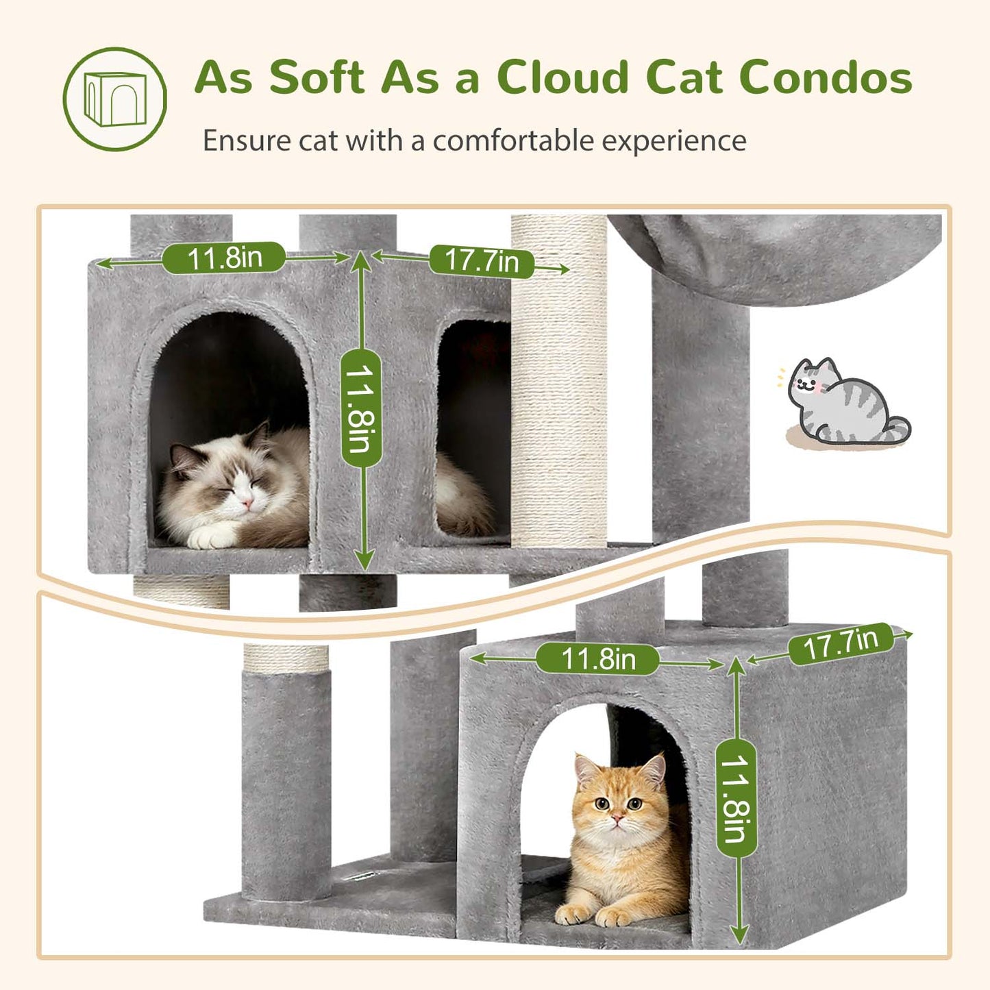 Globlazer Corner Cat Tree for Large Indoor Cats, 64in Space Saving Cat Tower with Enlarged Top Perch, 4 Scratching Posts, Multi-Level Cat Tree Tower with 2 Condos, 2 Hammocks, C64, Light Grey