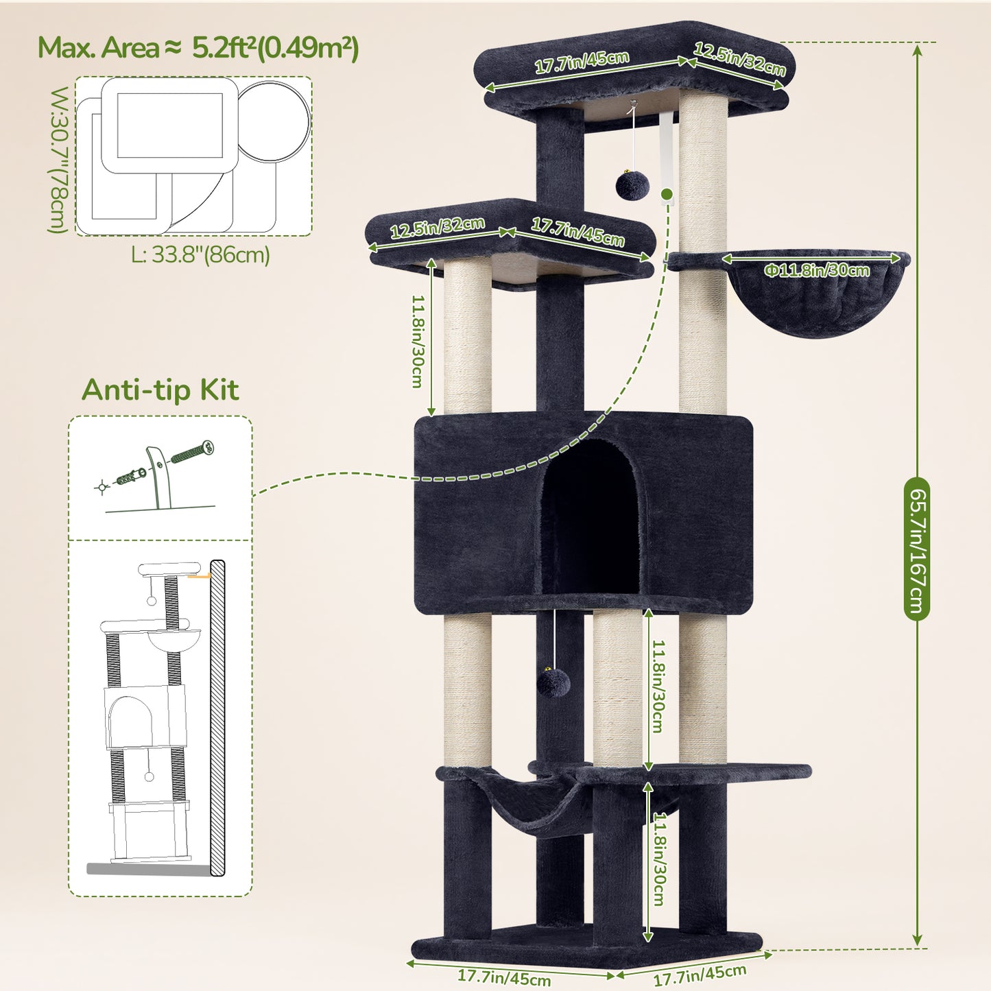 Globlazer Tall Cat Tree Tower for Large Adult Cats, Multi-Level Large 65 Inch Cat Scratching Tower with Hammock, 6 Scratching Posts, Basket and 2 Perches for Indoor Multiple Cats, F65D, Dark Grey