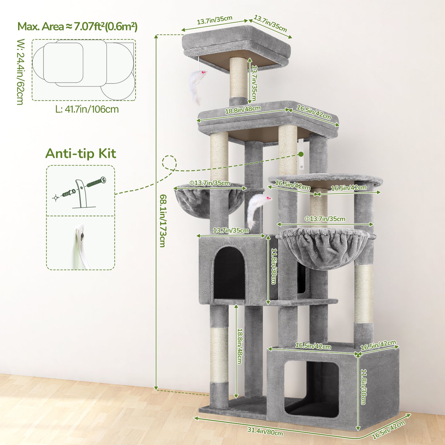 Globlazer Heavy Duty Cat Tree Tower for Indoor Cats, 68 inch Multi-Level Sturdy Cat Tree Tower for Large Cat Adult with 2 Oversized Condos, 2 Enlarged Perches, 2 Big Hanging Baskets, F68, Light Grey