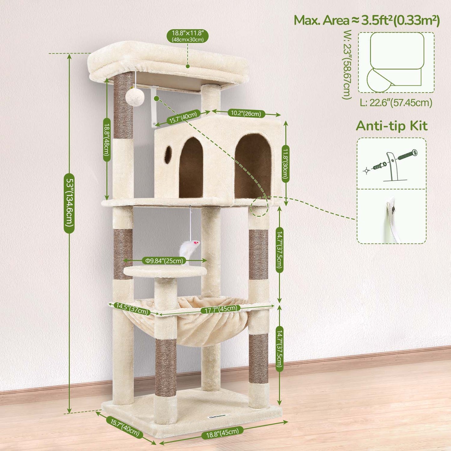 Globlazer Cat Tree Tower with 5 Scratching Posts for Indoor Cats, 53inch Tall Plush Multi-Level Cat Climbing Tower Condo House with Large Hammock, Spacious Cat Cave, Padded Top Perch, F53, Beige