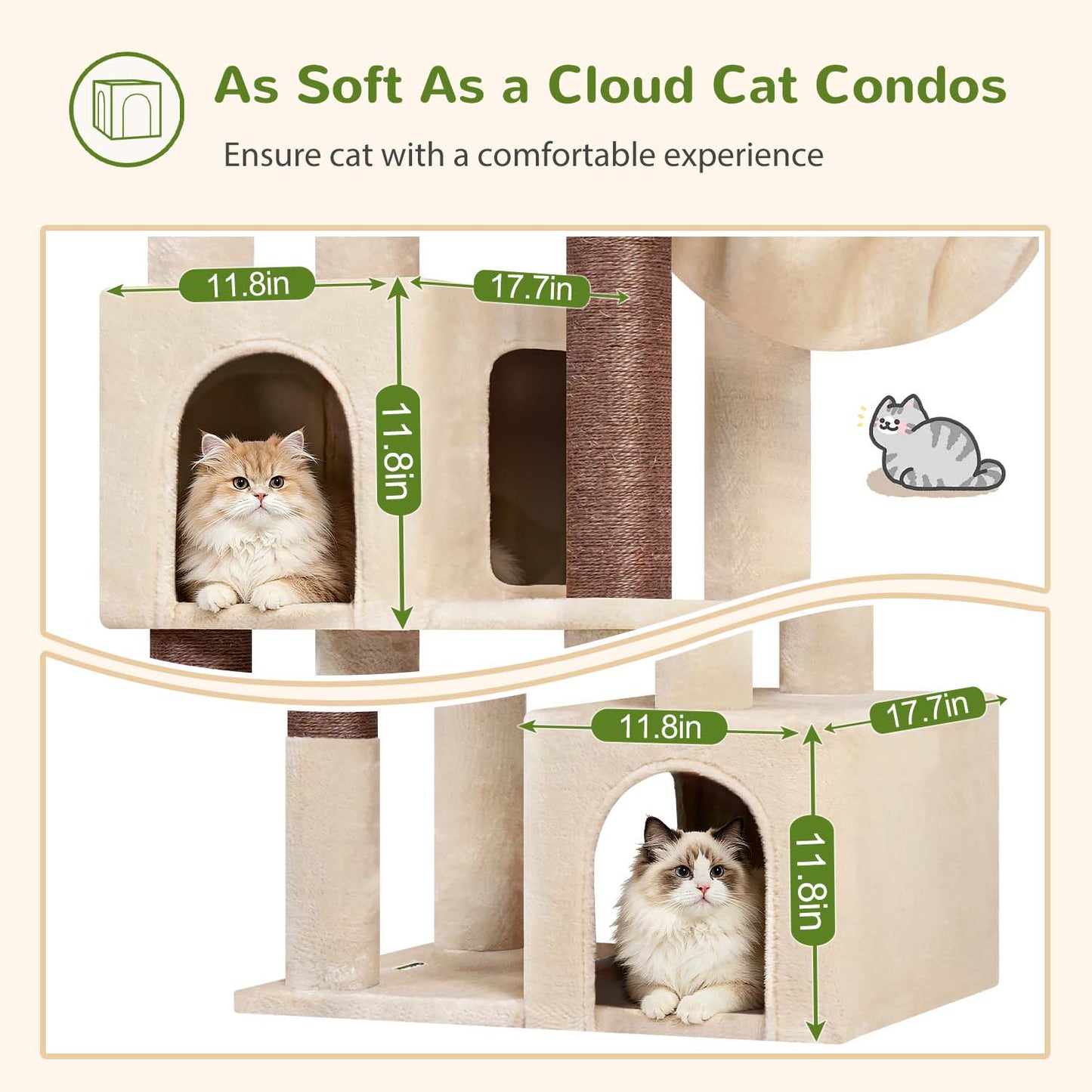 Globlazer Corner Cat Tree for Large Indoor Cats, 64in Space Saving Cat Tower with Enlarged Top Perch, 4 Scratching Posts, Multi-Level Cat Tree Tower with 2 Condos, 2 Hammocks, C64, Beige